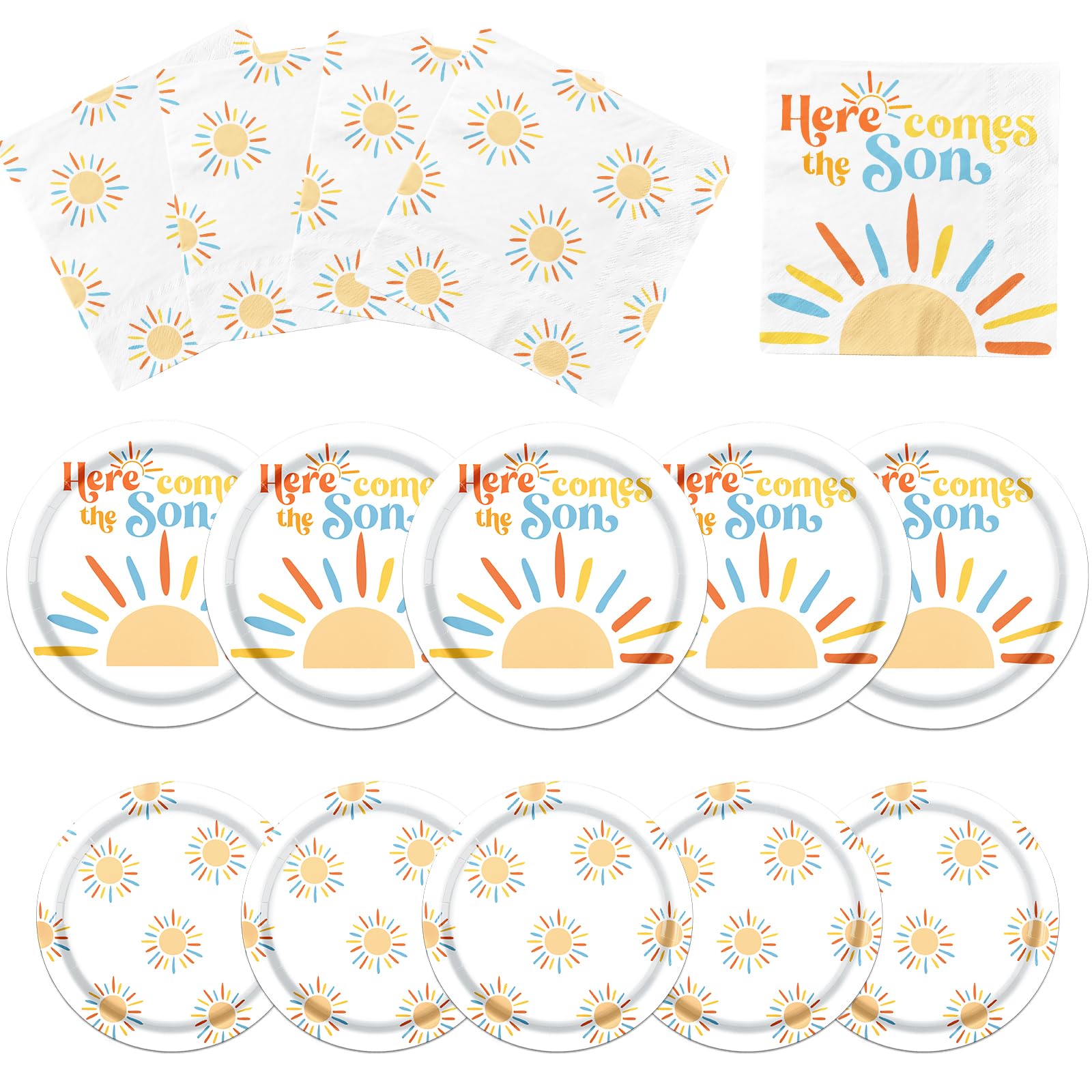Here Comes The Son Baby Shower Decorations, Sunshine Plates and Napkins Disposable Retro Boho Sun Party Supplies for Boys Kids B