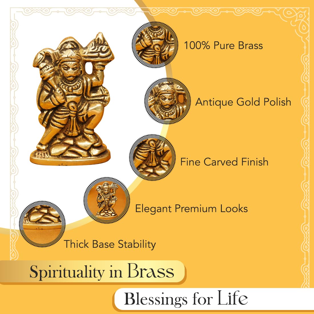 Ekhasa 100% Pure Brass Hanuman Ji Murti for Home Puja (Size: 6 cm) | Lord Hanuman Idol for Desk, Car and Home Decor | Balaji Ido