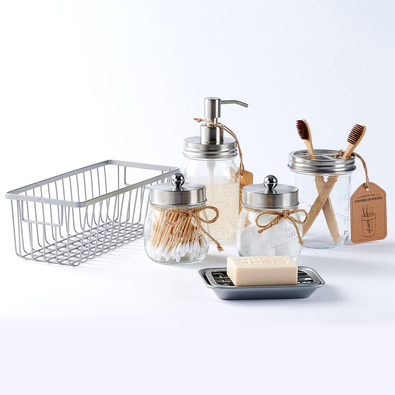 Mason Jar Bathroom Accessories Set- 6PCS - Lotion Soap Dispenser Toothbrush Holder 2 Apothecary Jars(Qtip Holder)  Soap Dish Storage Organizer Basket - Rustic Farmhouse Decor (Brushed Nickel)
