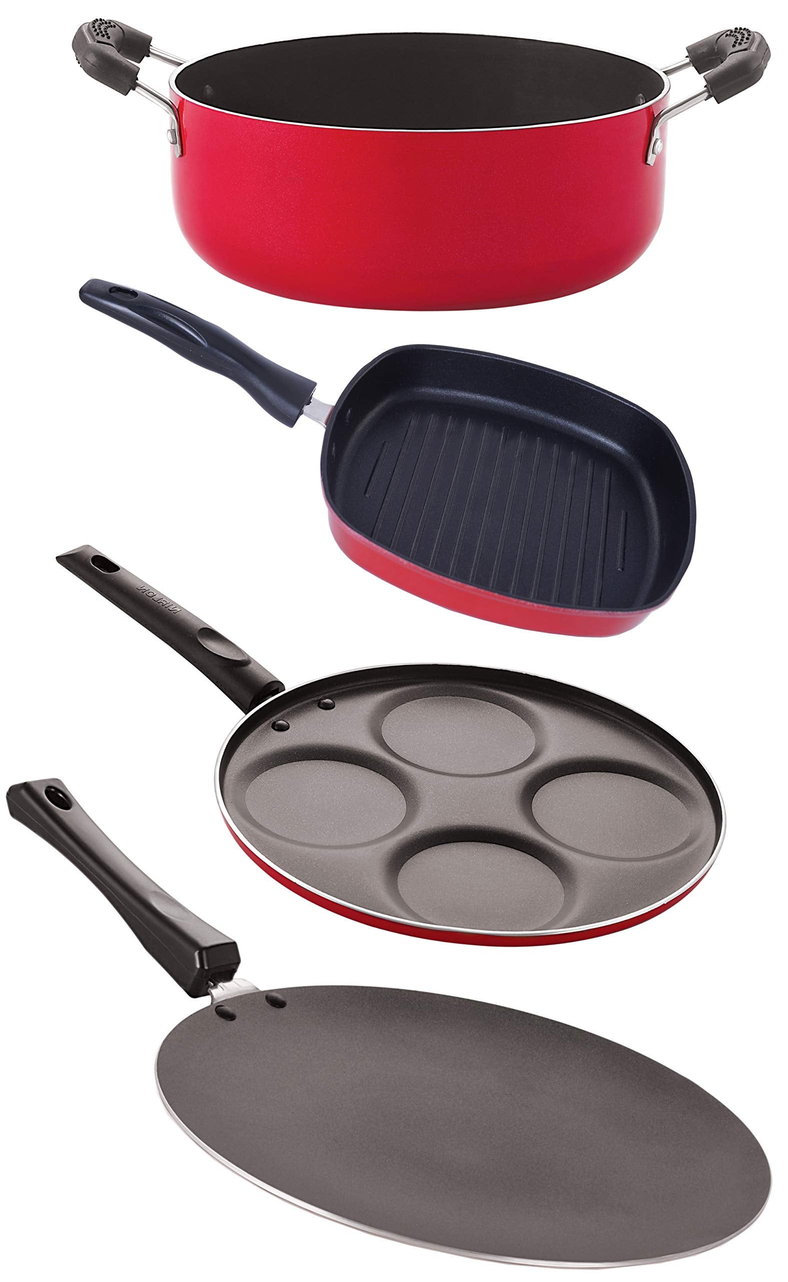 Nirlon Aluminium Nonstick Cooking Pots & Pans 4 Pieces Set, Red (Concave Tawa 27.5Cm + Uttapam 4 Cavity + Grill Pan 24.5Cm + Cas