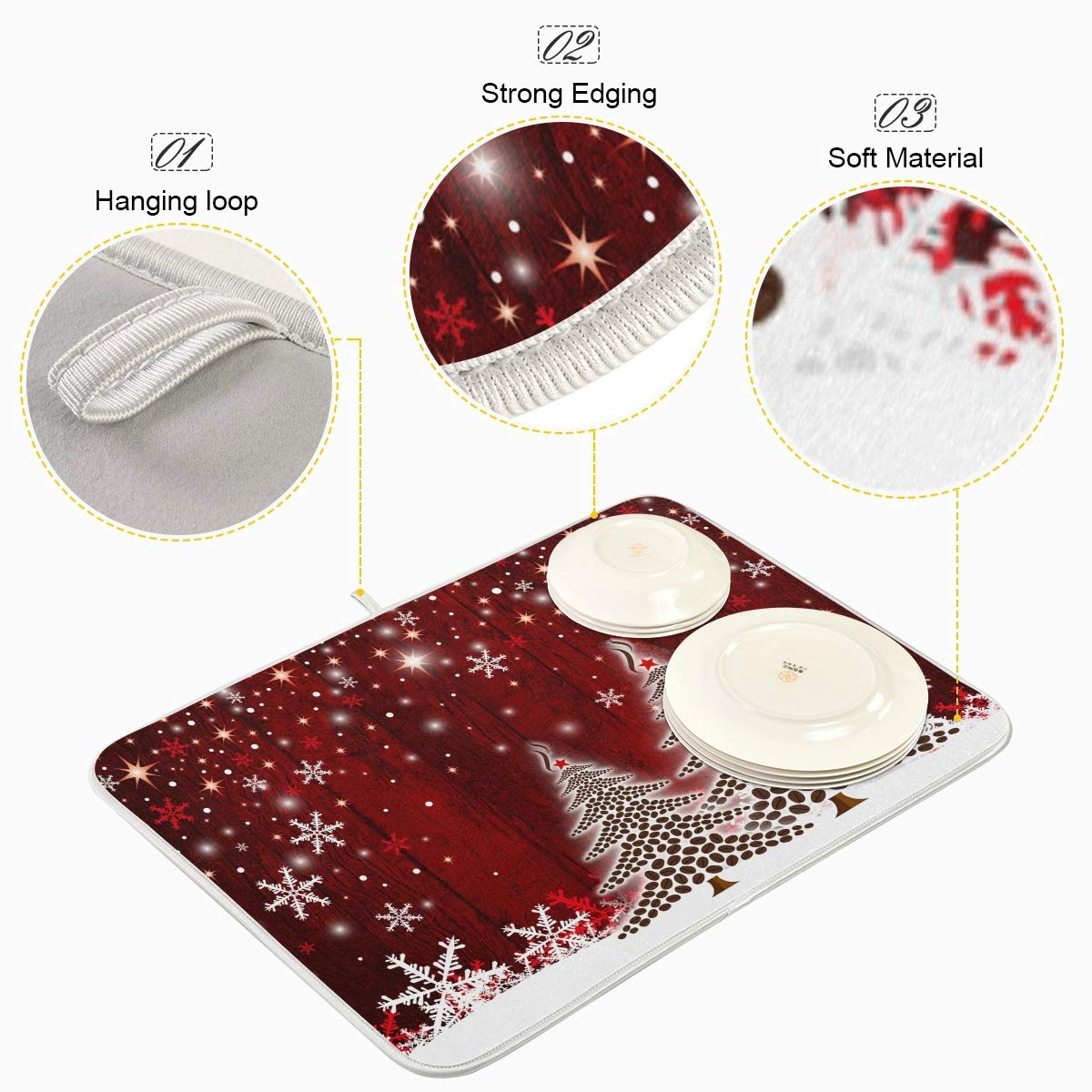 Christmas Tree Dish Drying Mat 18X24 Inch Xmas New Year Snowflake Wooden Dish Drainer Kitchen Counter Mats Bottles Dish Dry Pad