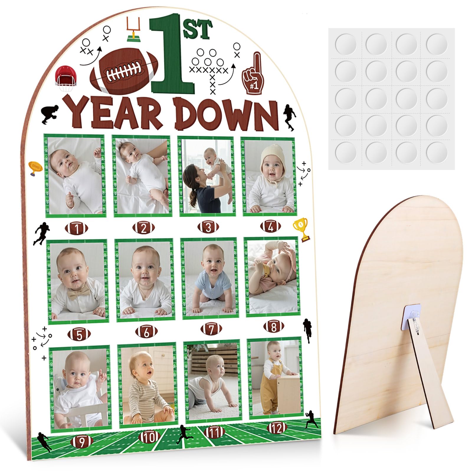 Capoda 1st Year Down Football Baby Milestone Board with Stand, 17x24 Inch Wooden Arch Monthly Picture Display, 12 Month Growth P