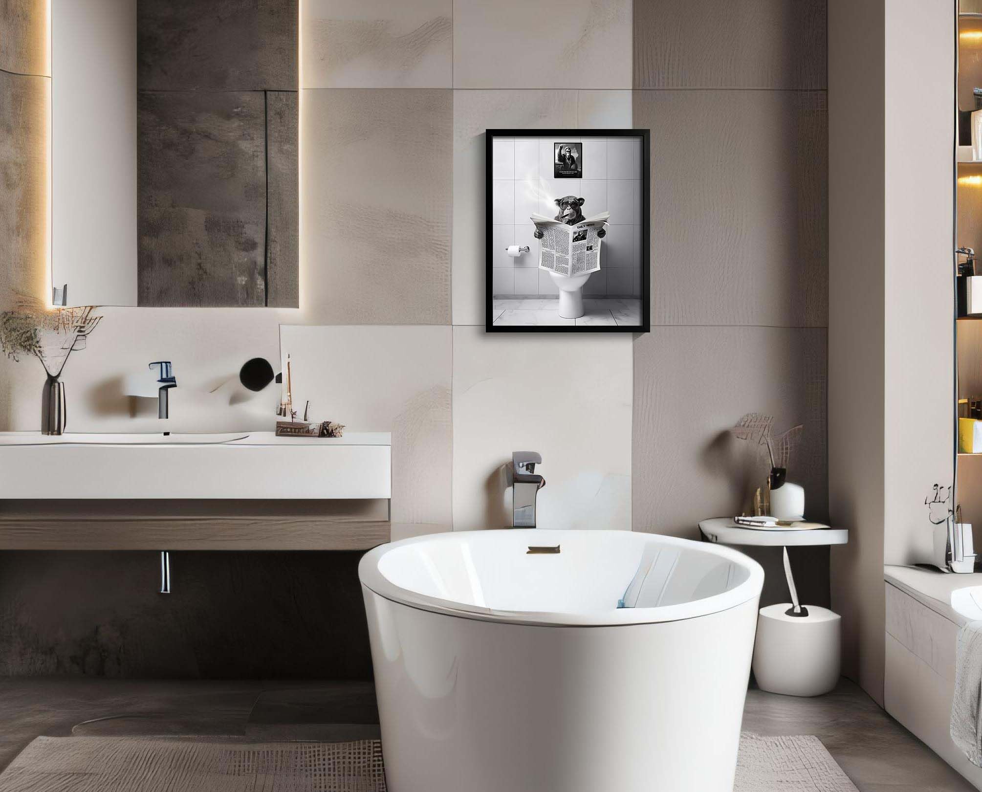 Black And White Wall Art, Framed Bathroom Decor Wall Art, Funny Animal Bathroom Wall Decor, Funny Chimpanzee On Toilet (Framed,1