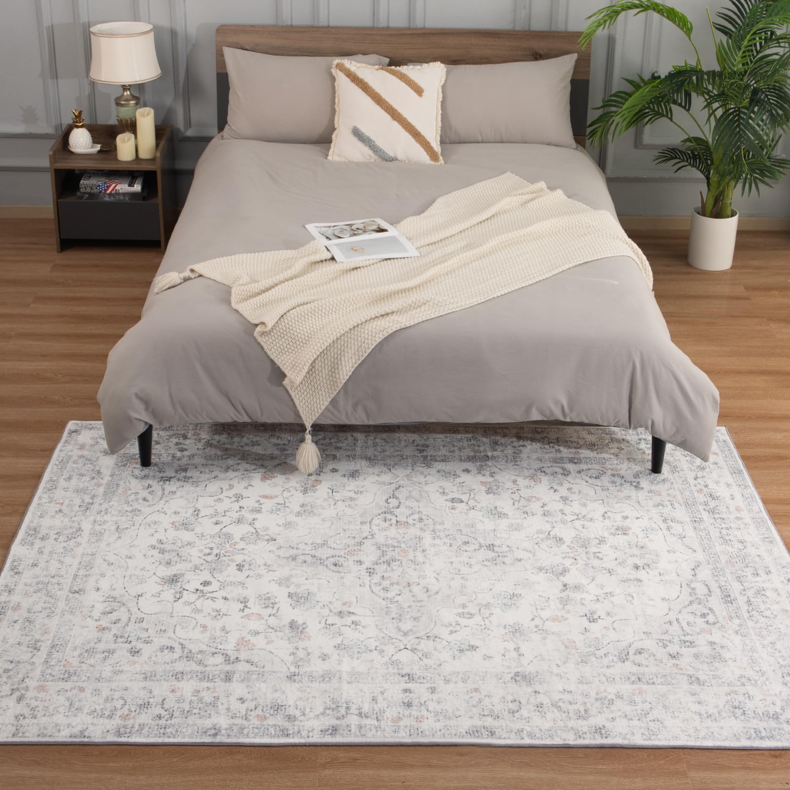 CRYPTOLITE Washable Area Rug 4x6, Boho Vintage Faux Wool Non-Slip Low Pile Rug for Living Room, Bedroom, Kids Room, or Home Offi