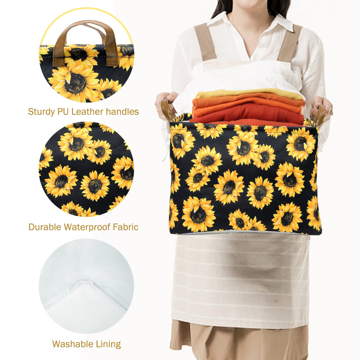 Sunflowers Storage Bin Basket Collapsible with Leather Handles Waterpr ...