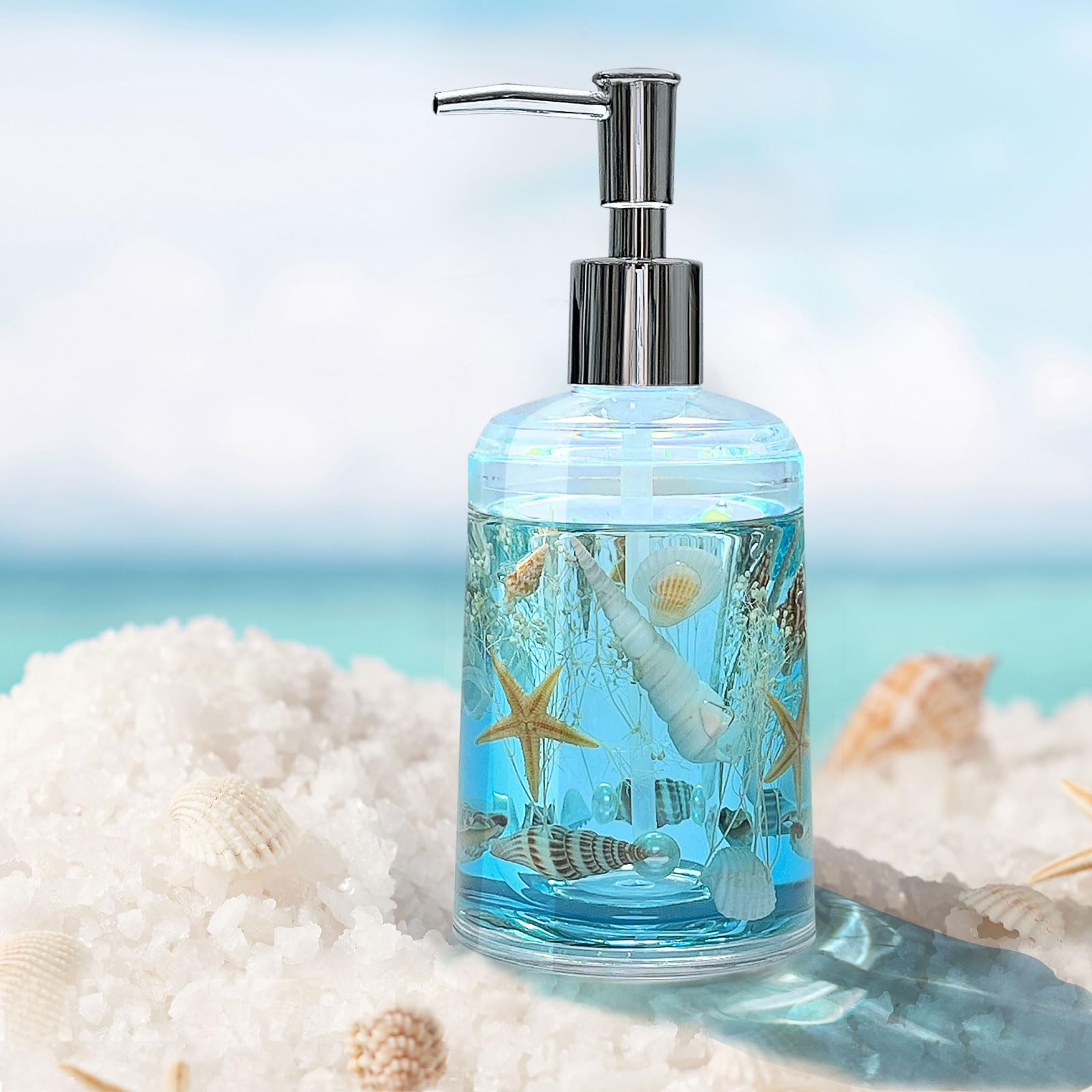 Fonmy Soap Dispenser With Pump Acrylic W/Nature Seashell Handmade Bathroom Hand Soap Dispenser, Kitchen Refillable Liquid Dispen