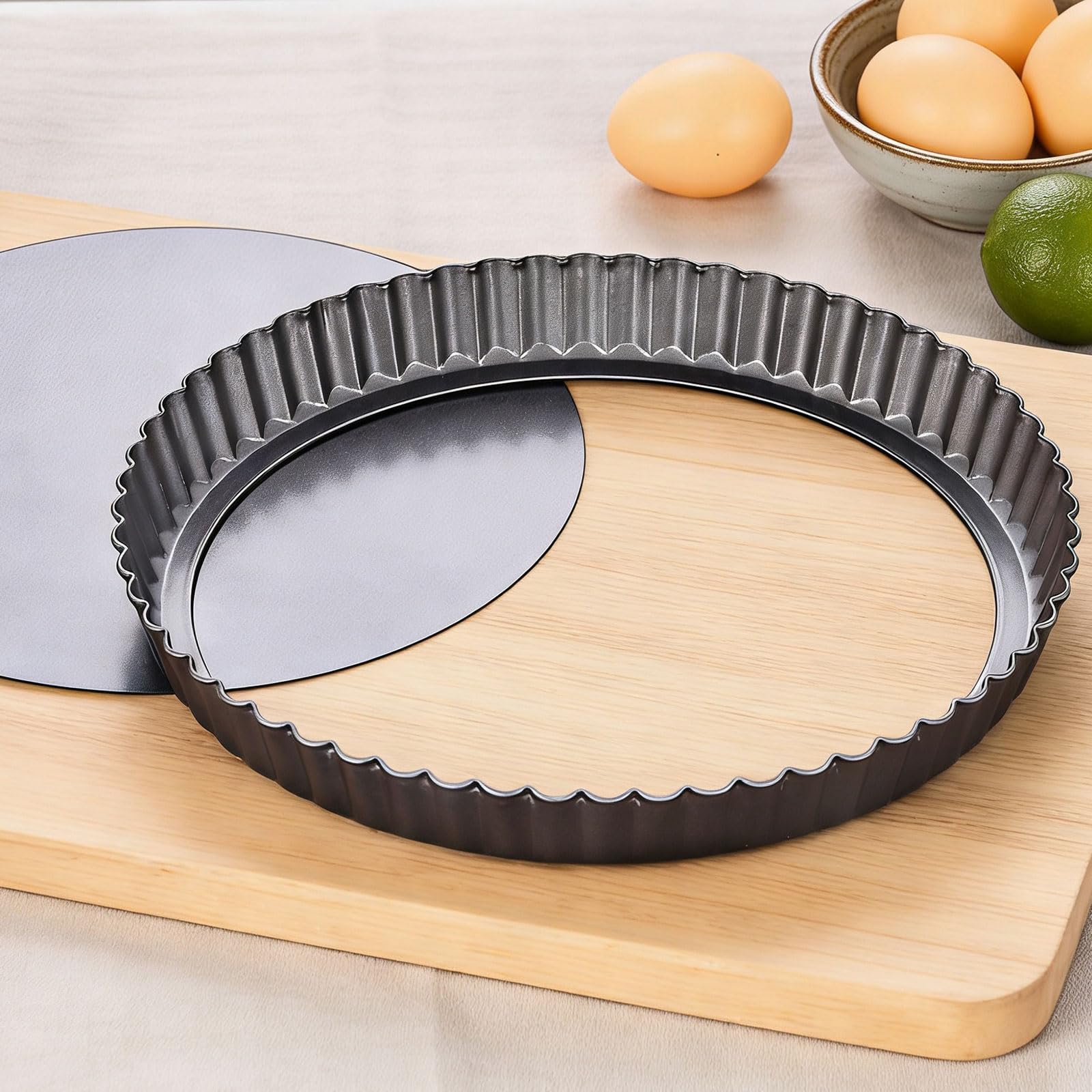 KUAYB 10 Inch Nonstick Tart Pan with Removable Bottom, Carbon Steel Quiche and Pie Pan 1.1Inch Depth, Fluted Edges for Baking 