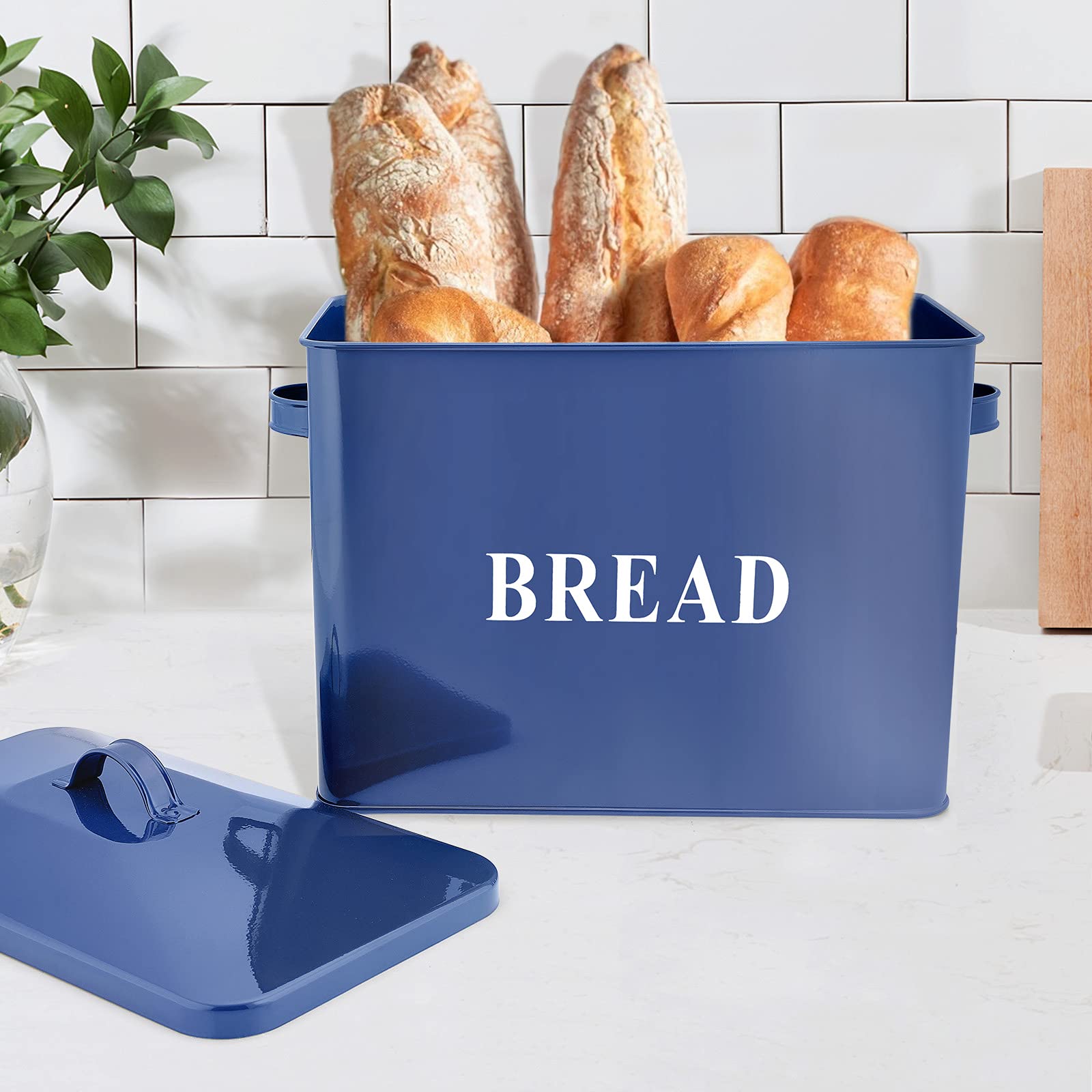 E-far Navy Blue Bread Box for Kitchen Countertop  Metal Bread Bin Holder for Modern Farmhouse Decor  Extra Large & High Capacity Storage Container - 13'' x 9.8'' x 7.3'' - Holds 2+ Loaves  Vintage Style