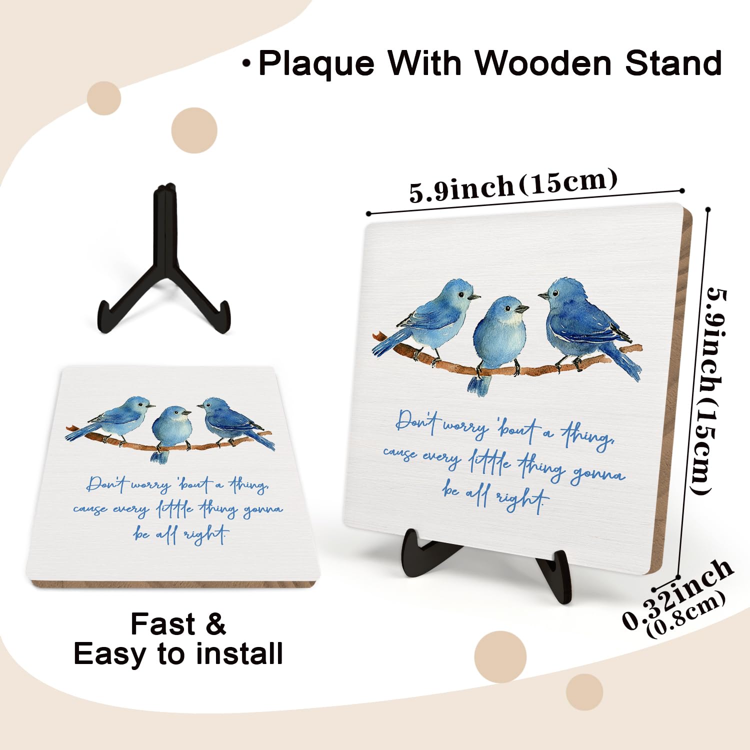 Inspirational Wooden Sign,Every Little Thing Is Gonna Be All Right,Plaque with Watercolor Birds, Positive Desk Decor for Home Of
