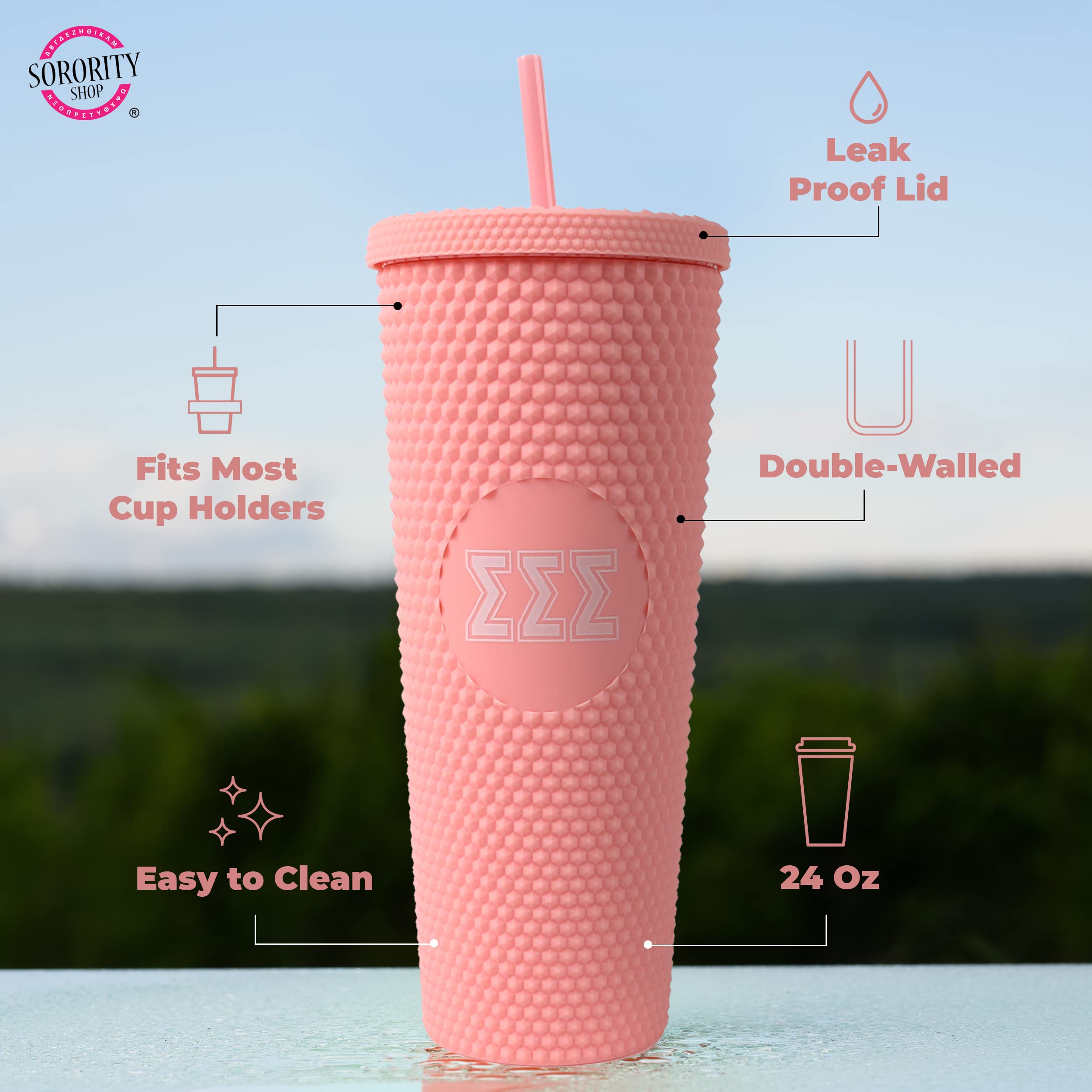 Sorority Shop Theta Phi Alpha Studded Tumbler With Straw - 24 Oz Tumbler With Lid And Straw, Matte Coral, Reusable Plastic Cup W
