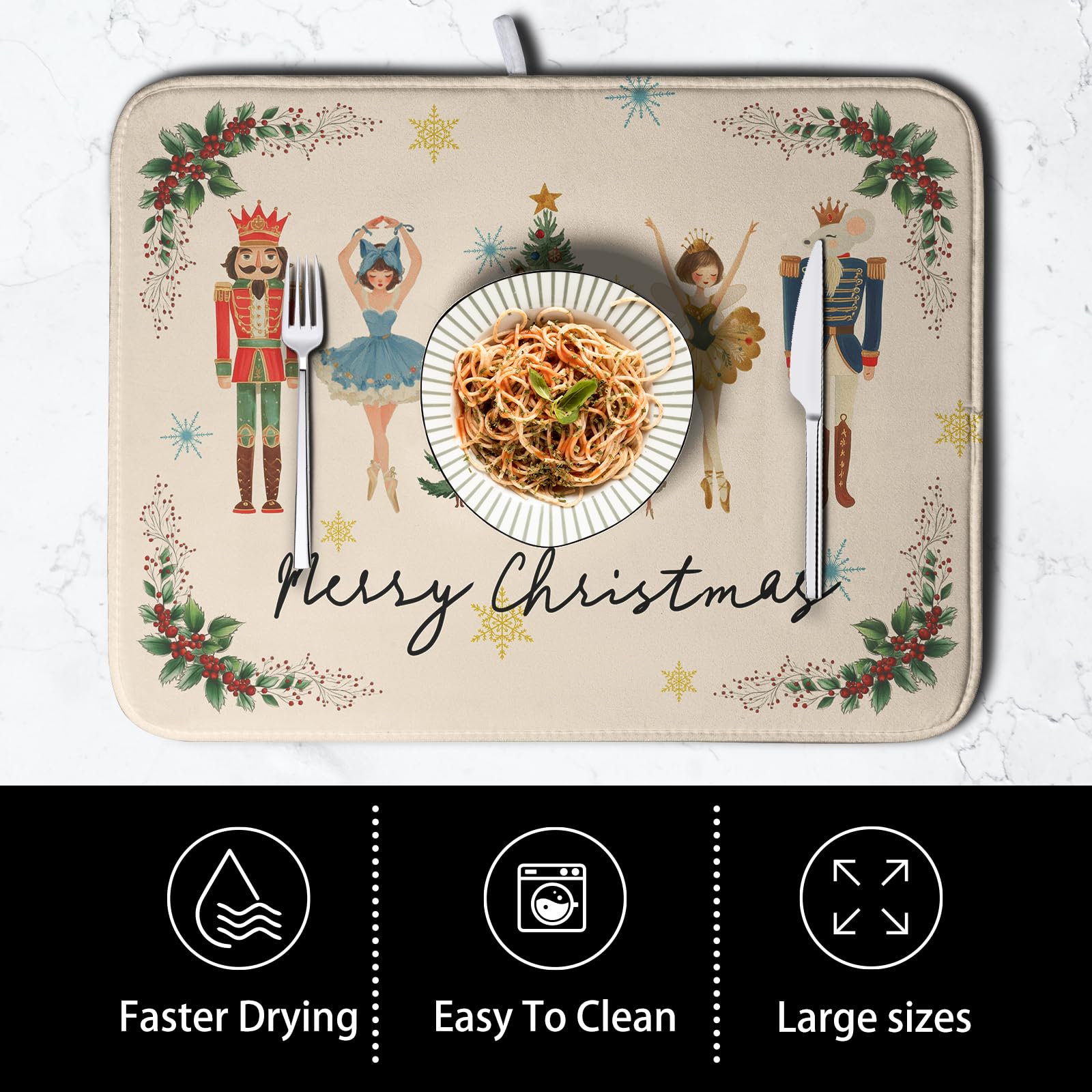 Merry Christmas Nutcracker Dish Drying Mat for Kitchen Counter 18x24 Inch Winter Xmas Tree Snowflakes Drying Mats Microfiber Abs