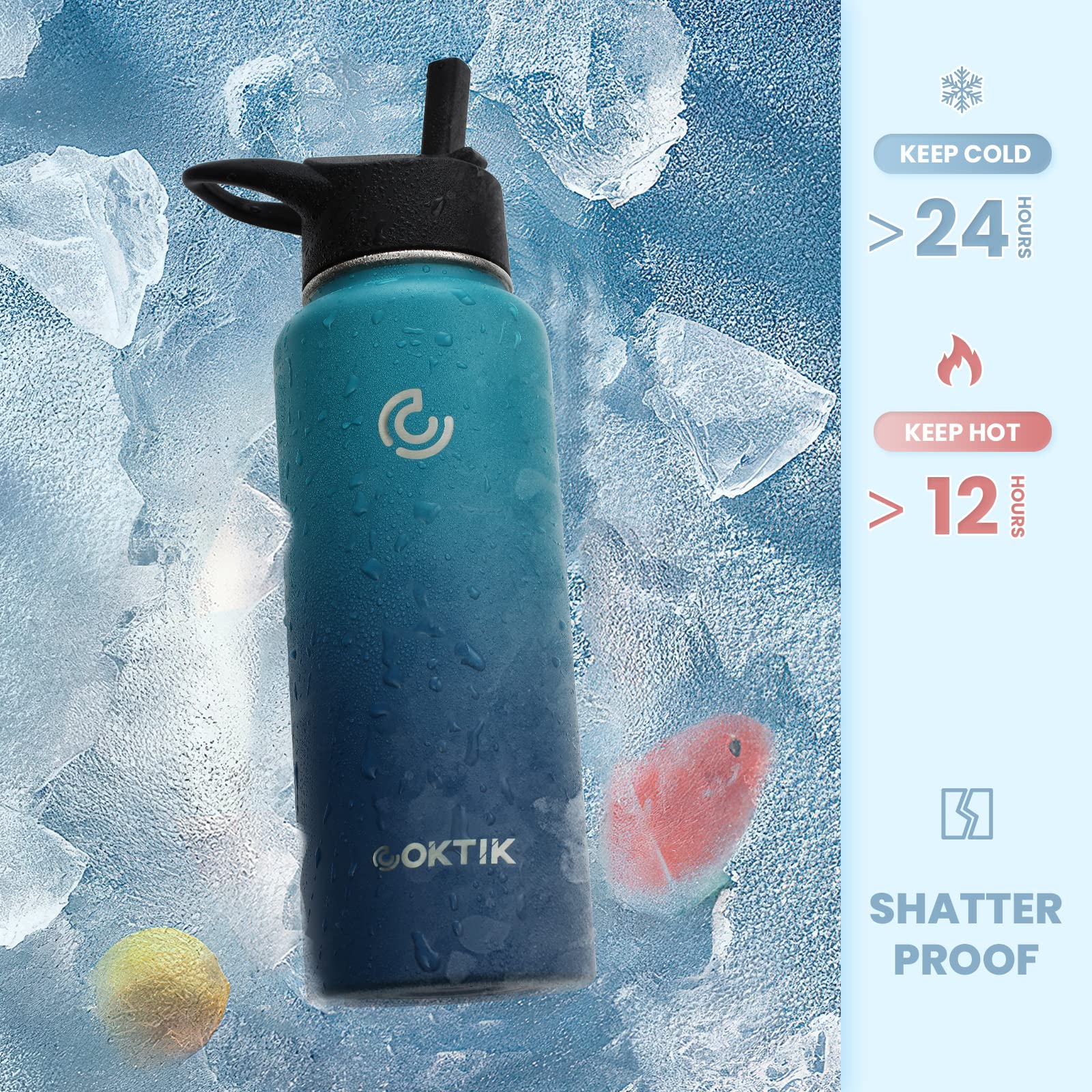 Coktik 40 Oz Sports Water Bottle With Straw,3 Lids, Stainless Steel Vacuum Insulated Water Bottles,Leakproof Lightweight, Keeps