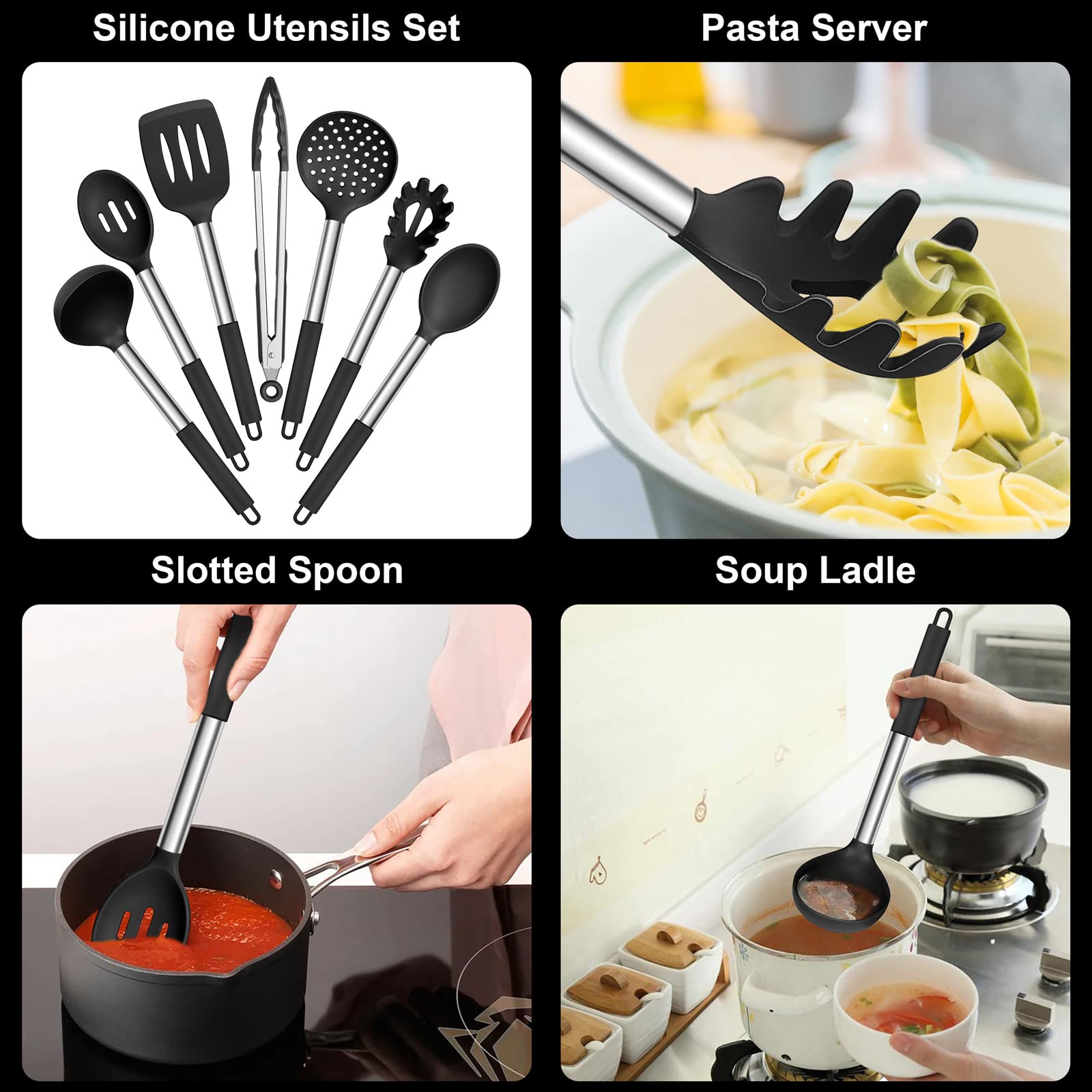 E-Far Silicone Cooking Utensils Set, 7 Pcs Heat Resistant Kitchen Utensils With Stainless Steel Handle, Slotted Turner, Spoon, S