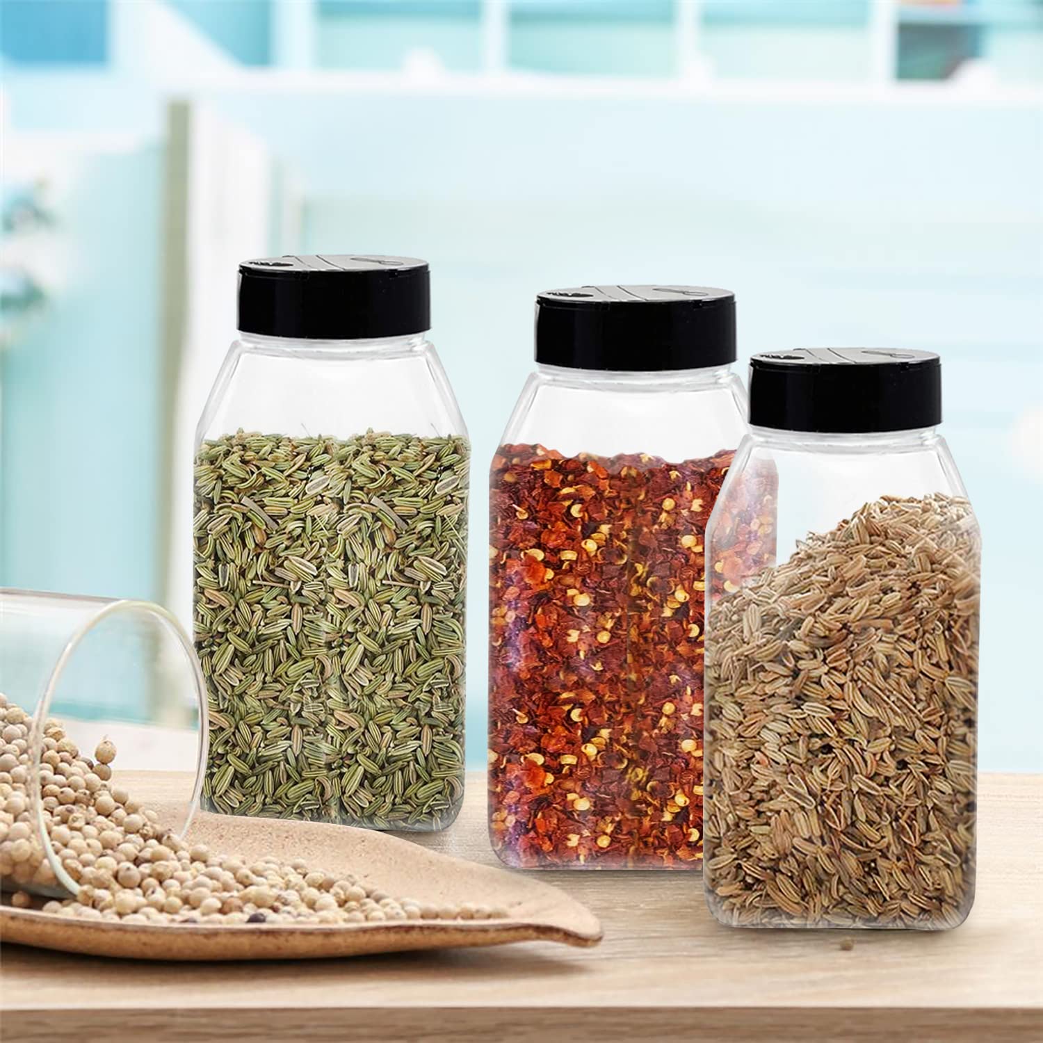 Royalhouse 6 Pack 32 Oz With Black Cap, Plastic Spice Jars Bottles Containers, Perfect For Storing Spice, Herbs And Powders, Lin