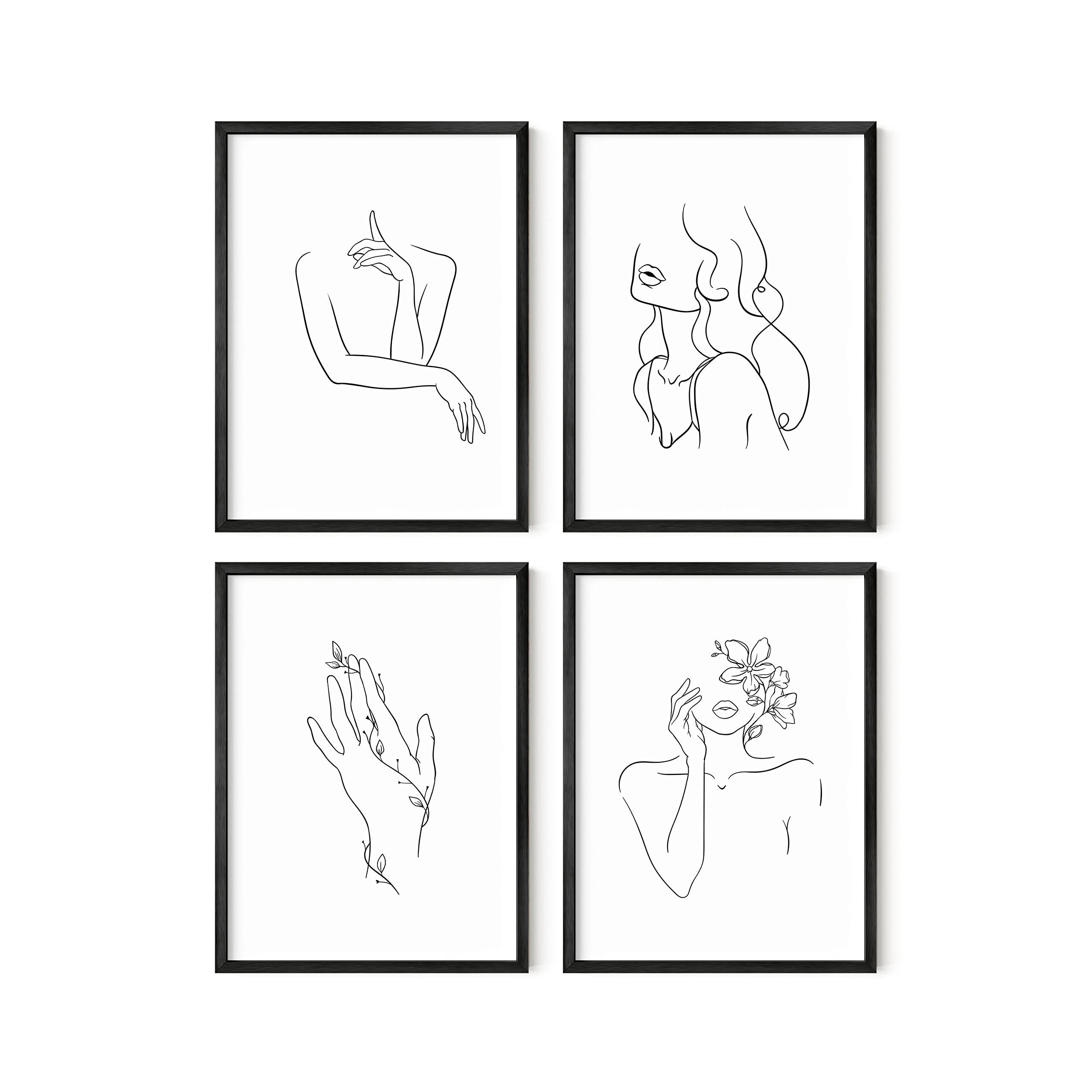 Ripgrip Minimalist Line Art Prints Set Of 4 - Aesthetic Posters, Black And White Wall Painting Drawing (Unframed, 12X16)