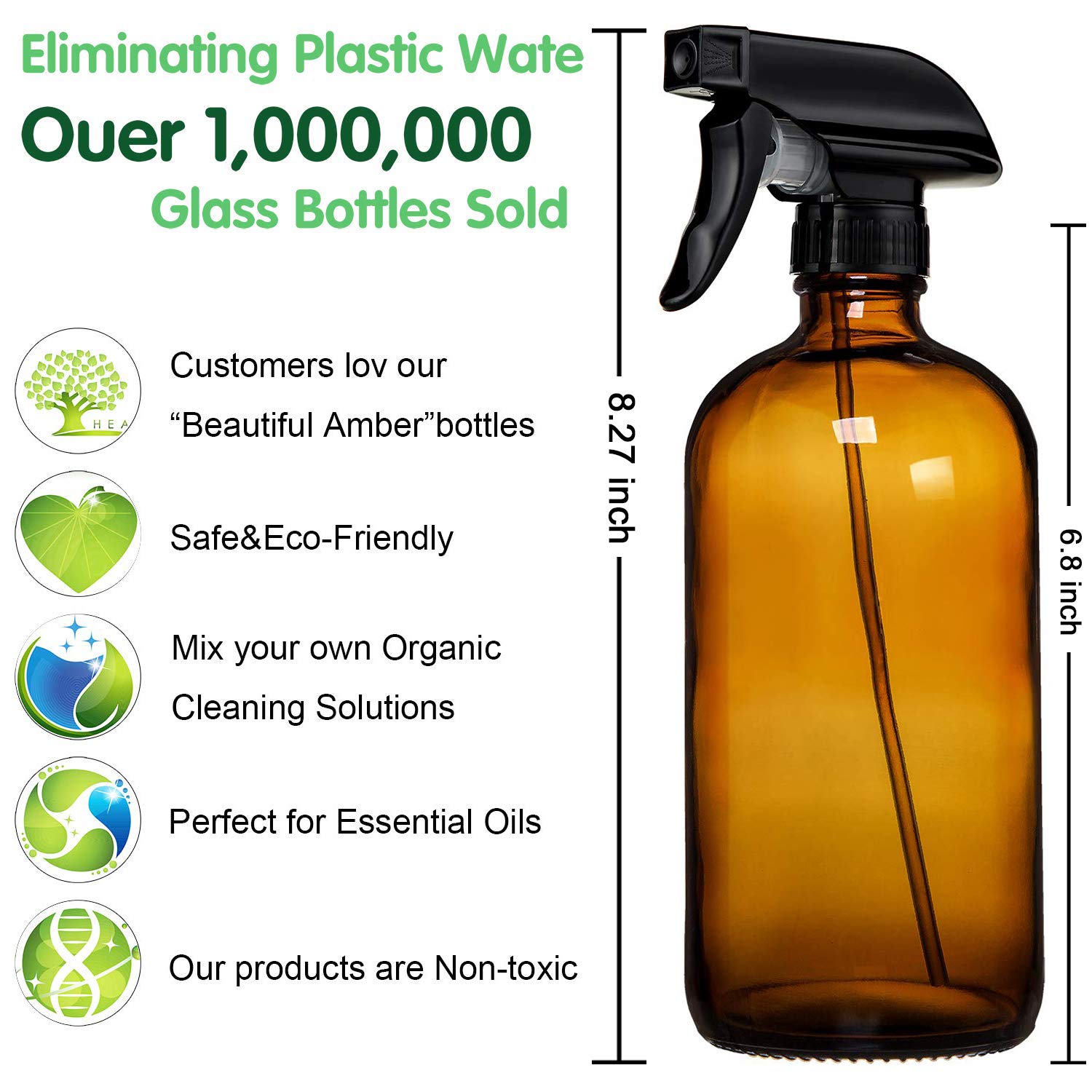 Amber Glass Spray Bottles 16 Oz Pump Bottle (2 Pack) Refillable Cosmetic Containers Brown Mist & Stream Mister For Essential Oil