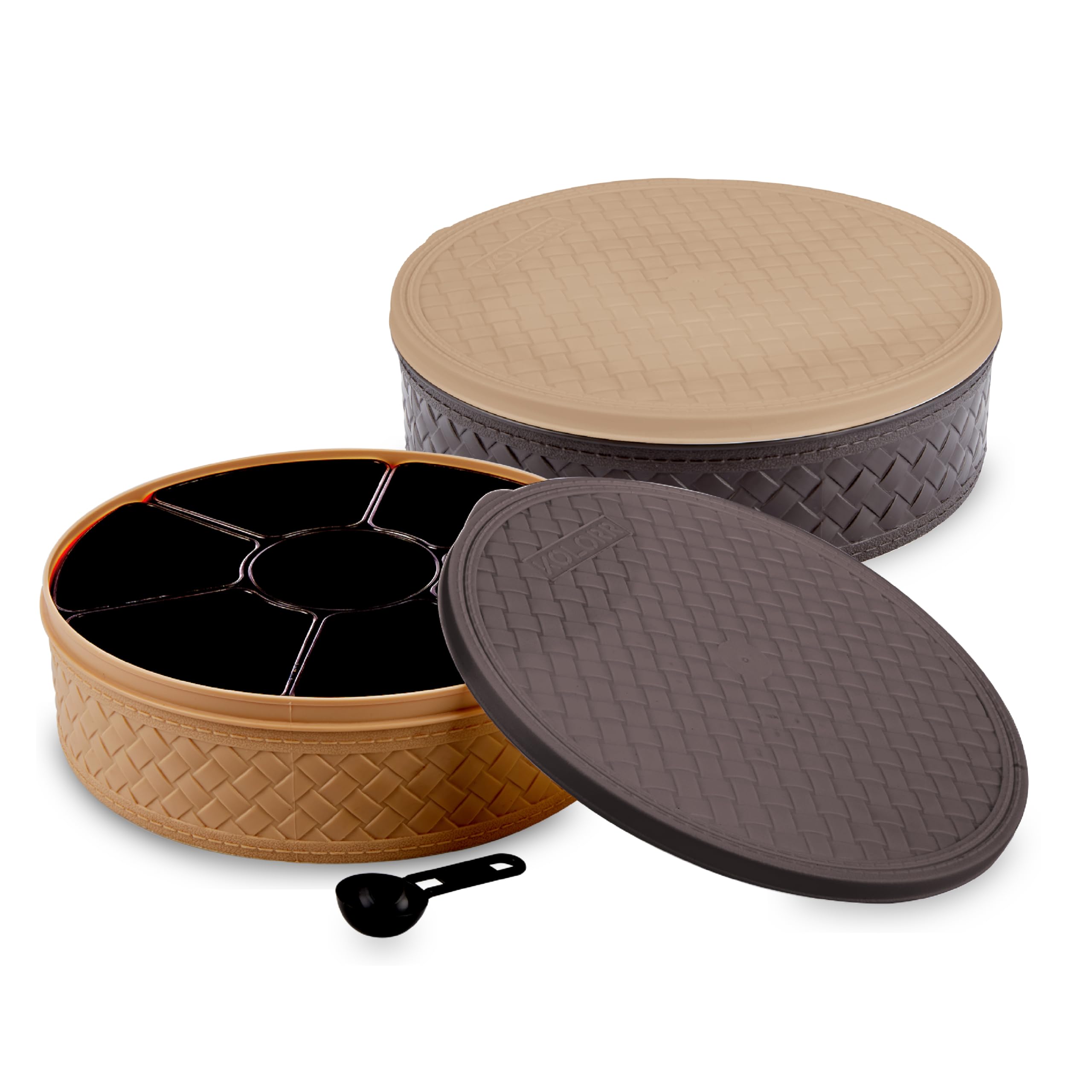 Kolorr Stitch Masala BoxPestel Beige & Dark Brown (Pack Of 2) | Plastic Spice Box, Rangoli Dabba Box Set, Masala Dani For Kitch
