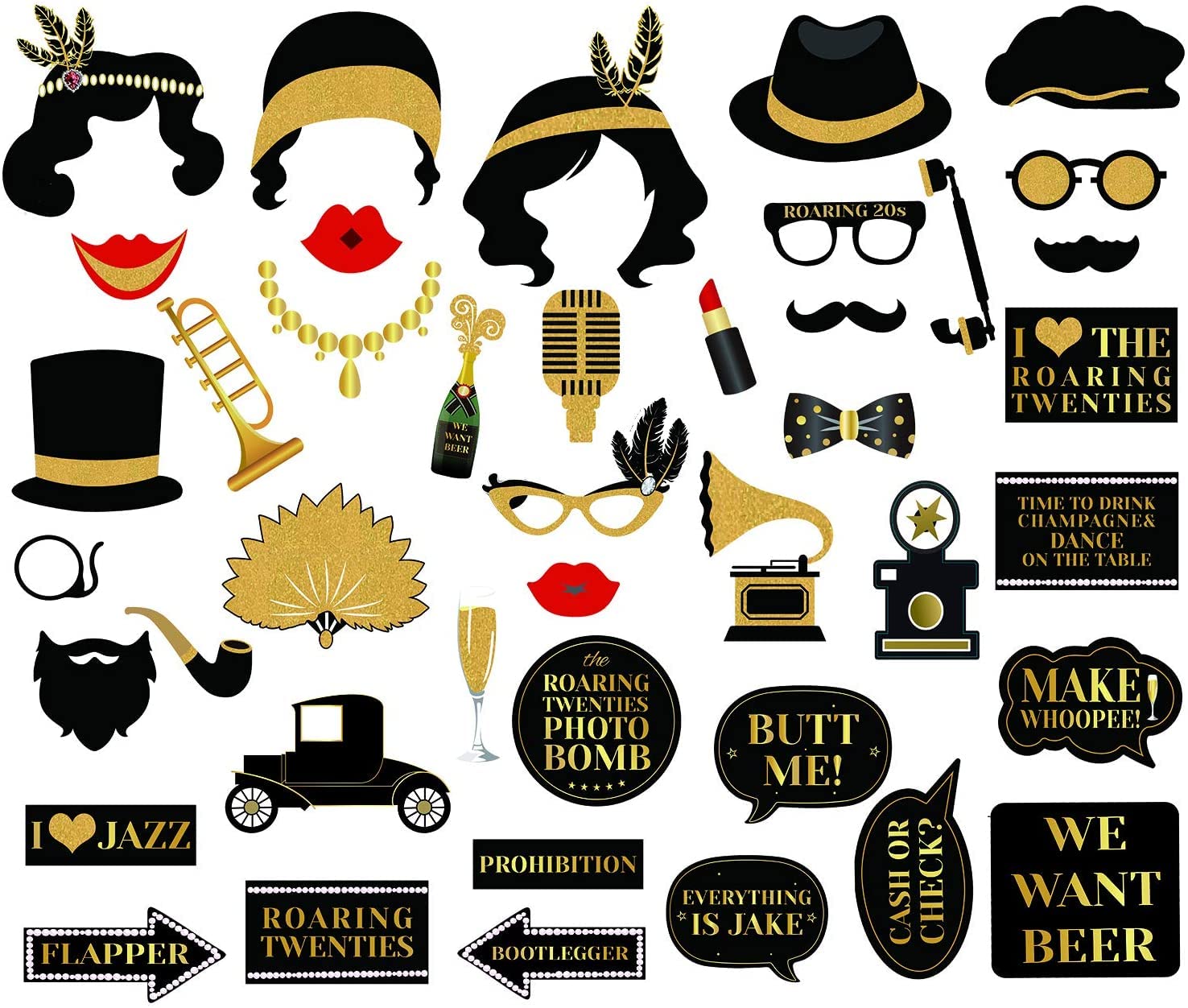 42Pcs 1920S Photo Booth Props Roaring 20'S Party Photo Props,1920S Party Supplies For Luxury Party, Speakeasy Party, Gangster Pa