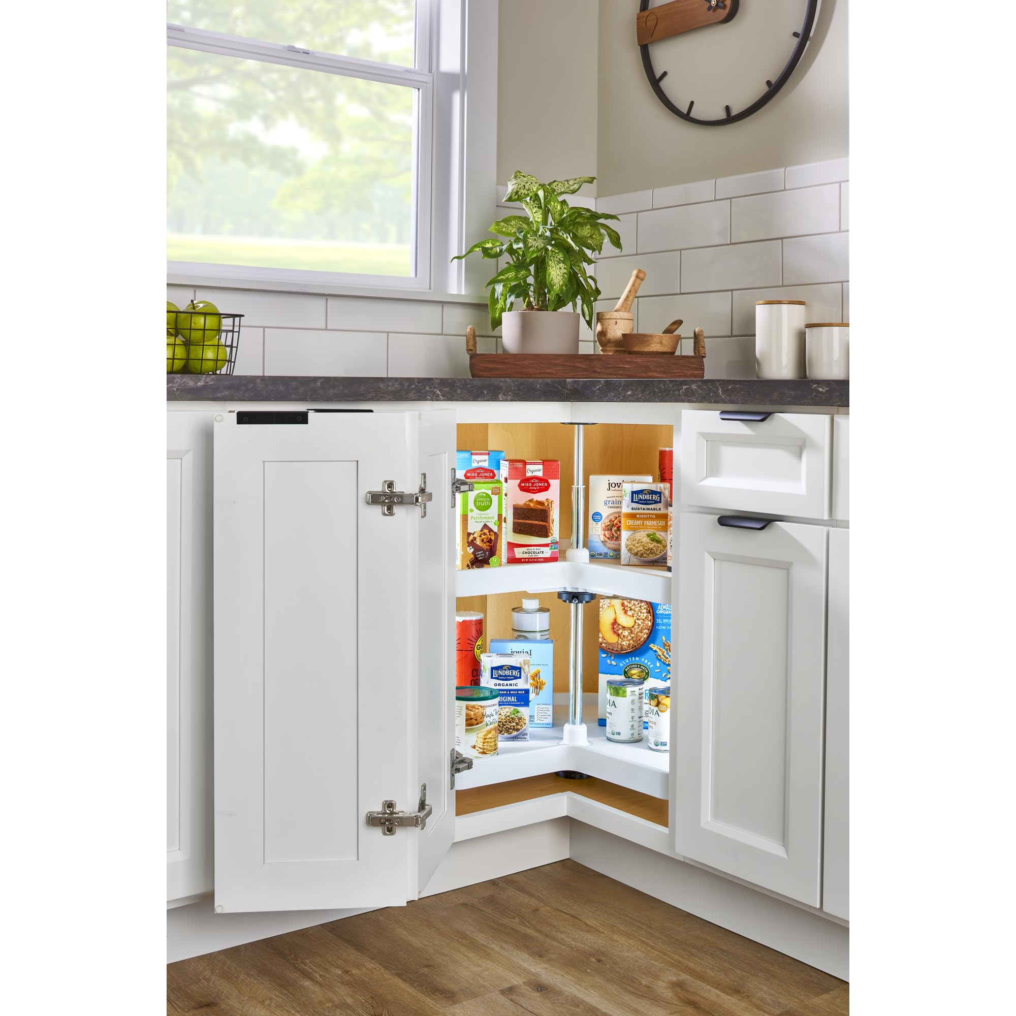 Rev-A-Shelf 2 Tier Kidney Cut Lazy Susan For Corner Base Cabinets, Plastic, 32'' Double Shelf Swivel Kitchen Spice/ Can Organize