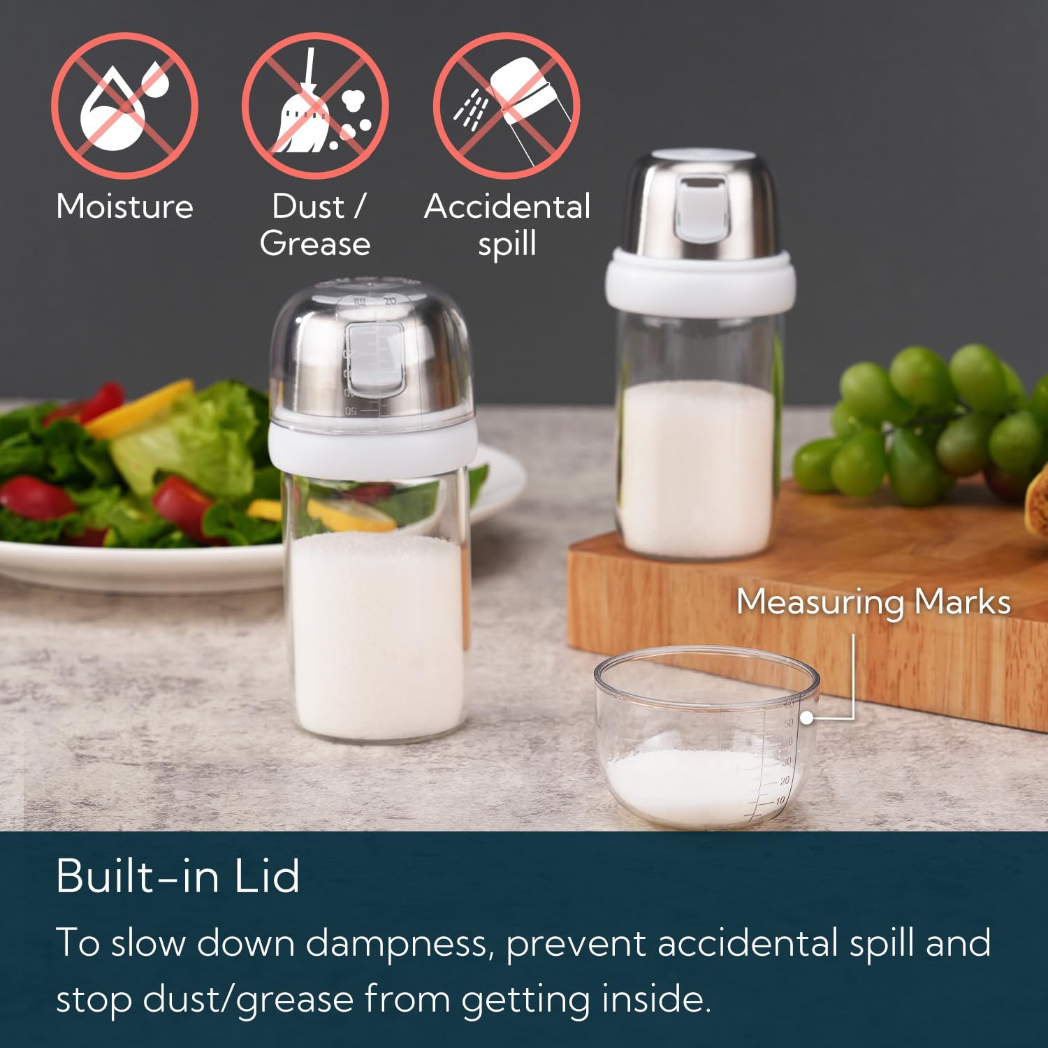 Ktchendao 2 In 1 Glass Salt Shaker With Side Pour Spout, Built-In Lid To Slow Down Dampness With Mearsuring Marks, Elegant Boros