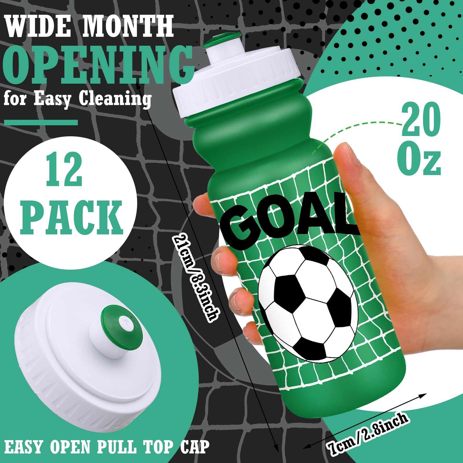 Nitial 12 Pack Soccer Water Bottles Bulk 20 oz Reusable Squeeze Water Bottles Plastic Sports Bottle with Pull Cap Sports Gifts T