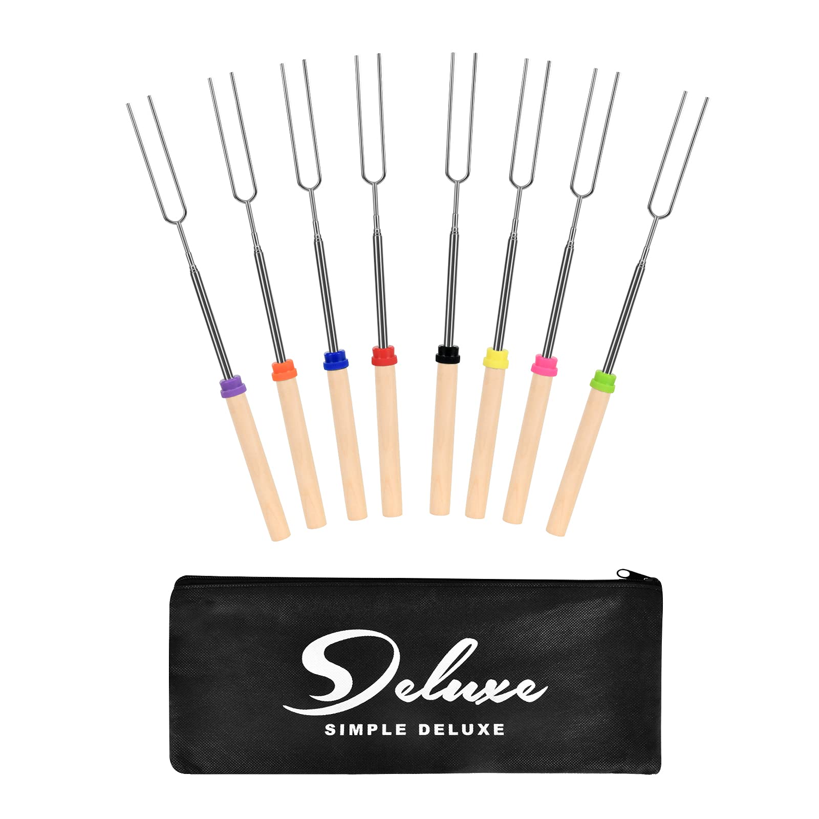 Simple Deluxe Marshmallow Roasting Sticks With Wooden Handle Extendable Forks Set Of 8Pcs 32Inch Telescoping Skewers For Stove,