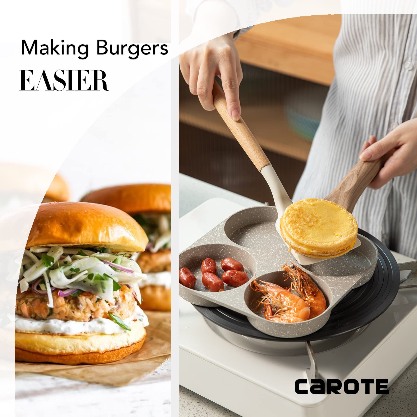 Carote Egg Pan Omelette Pan, 4-Cup Nonstick Granite Omelette Skillet - Pancake Pan And Healthy Egg Cooker Suitable For Gas Stove