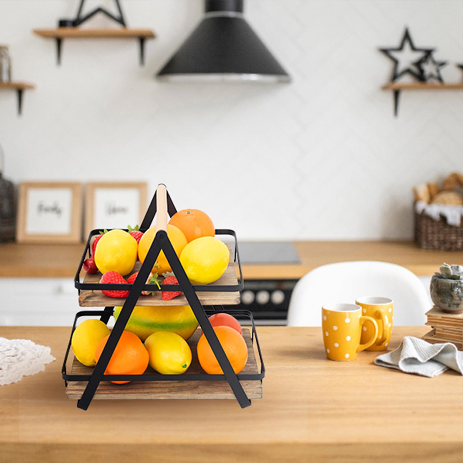 Tieyipin 2-Tier Metal Countertop Basket Organizer For Kitchen Storage And Display - Black Farmhouse Style With Wooden Handle