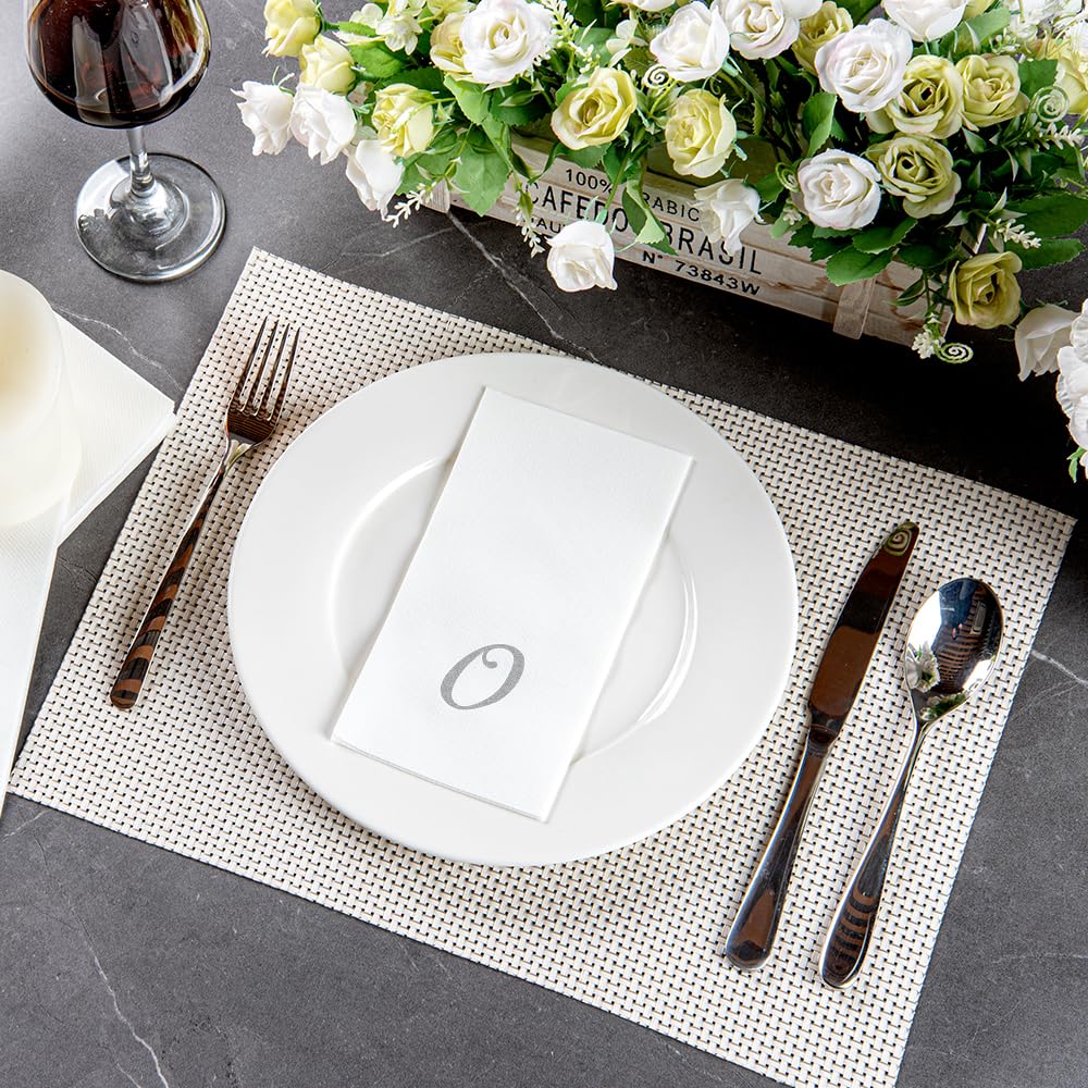 Luxenap 15.8 X 7.9 Inch Linen-Feel Guest Towels, 2000 Lettered Hand Towels - Silver Letter 'O', Cursive Font, White Paper Dinner