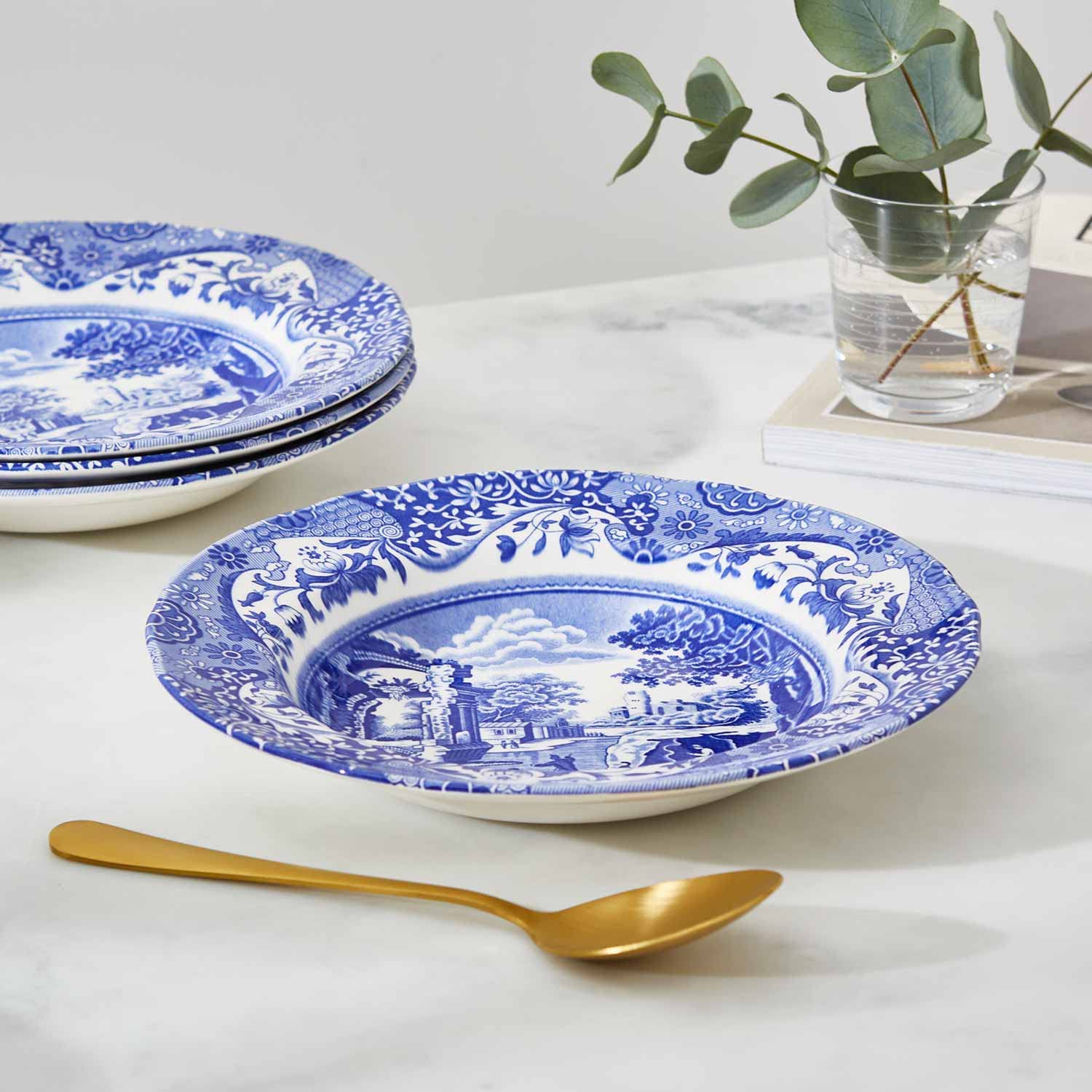 Portmeirion Spode Blue Italian Soup Bowls | Set Of 4 | 9Inch | Soup, Pasta, And Salad Serving Bowls | Round, Wide Rim Bowl | Mic
