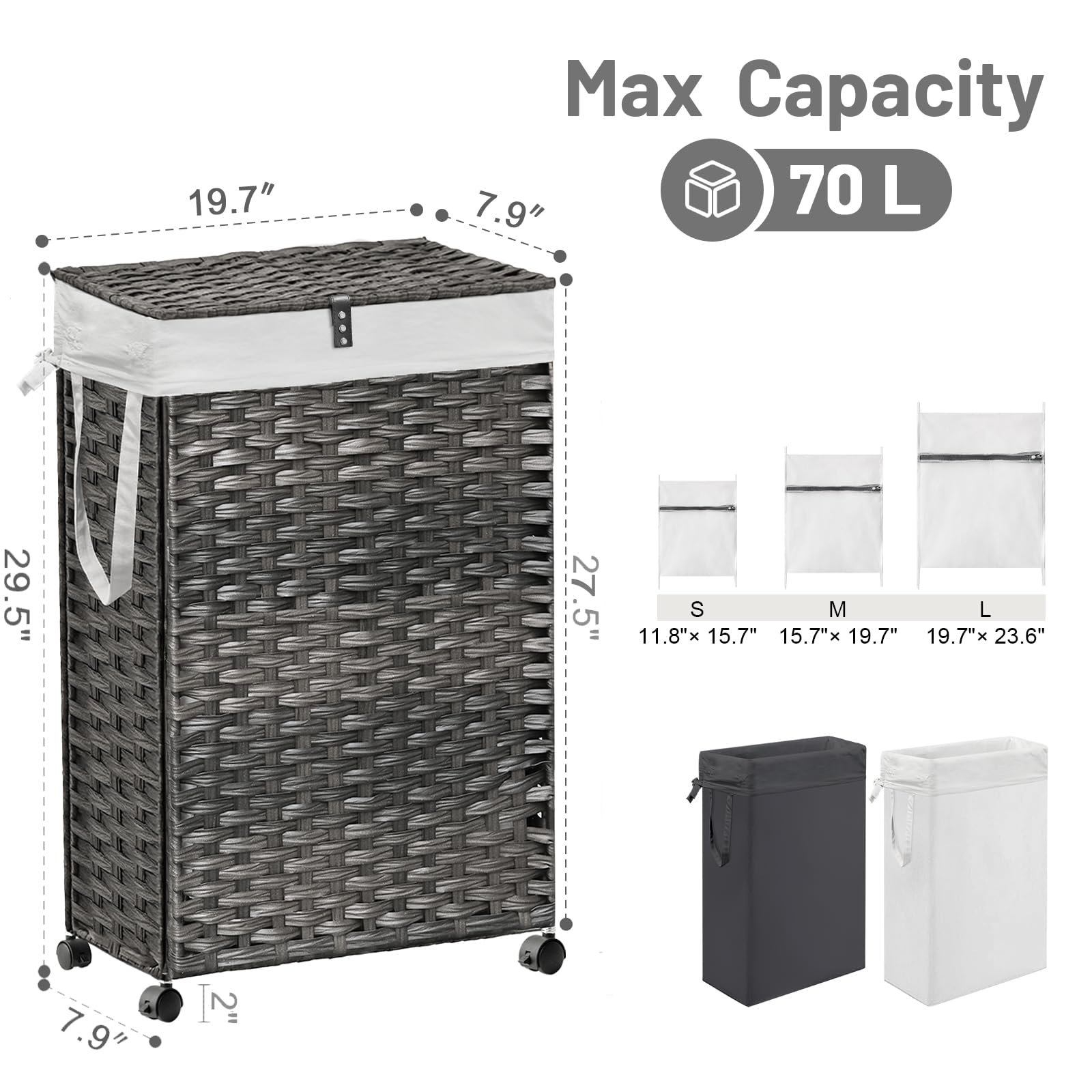 70L Slim Laundry Hamper With Lid & Wheels, Rolling Laundry Basket With 2 Removable Liner Bags & 3 Mesh Bags, Narrow Dirty Clothe