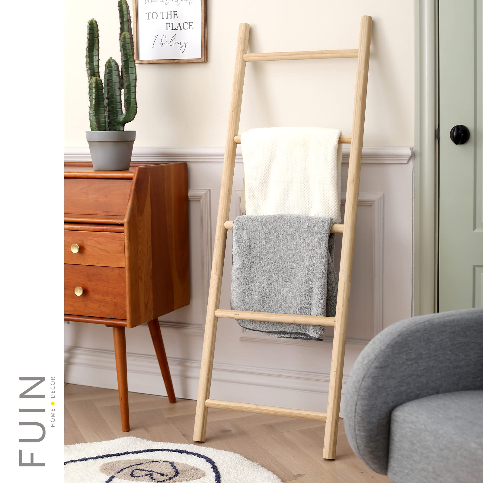 FUIN Bamboo Blanket Ladder - 57in Rustic Wood Towel Rack, Unfinished Farmhouse Quilt Display Holder for Living Room and Bathroom