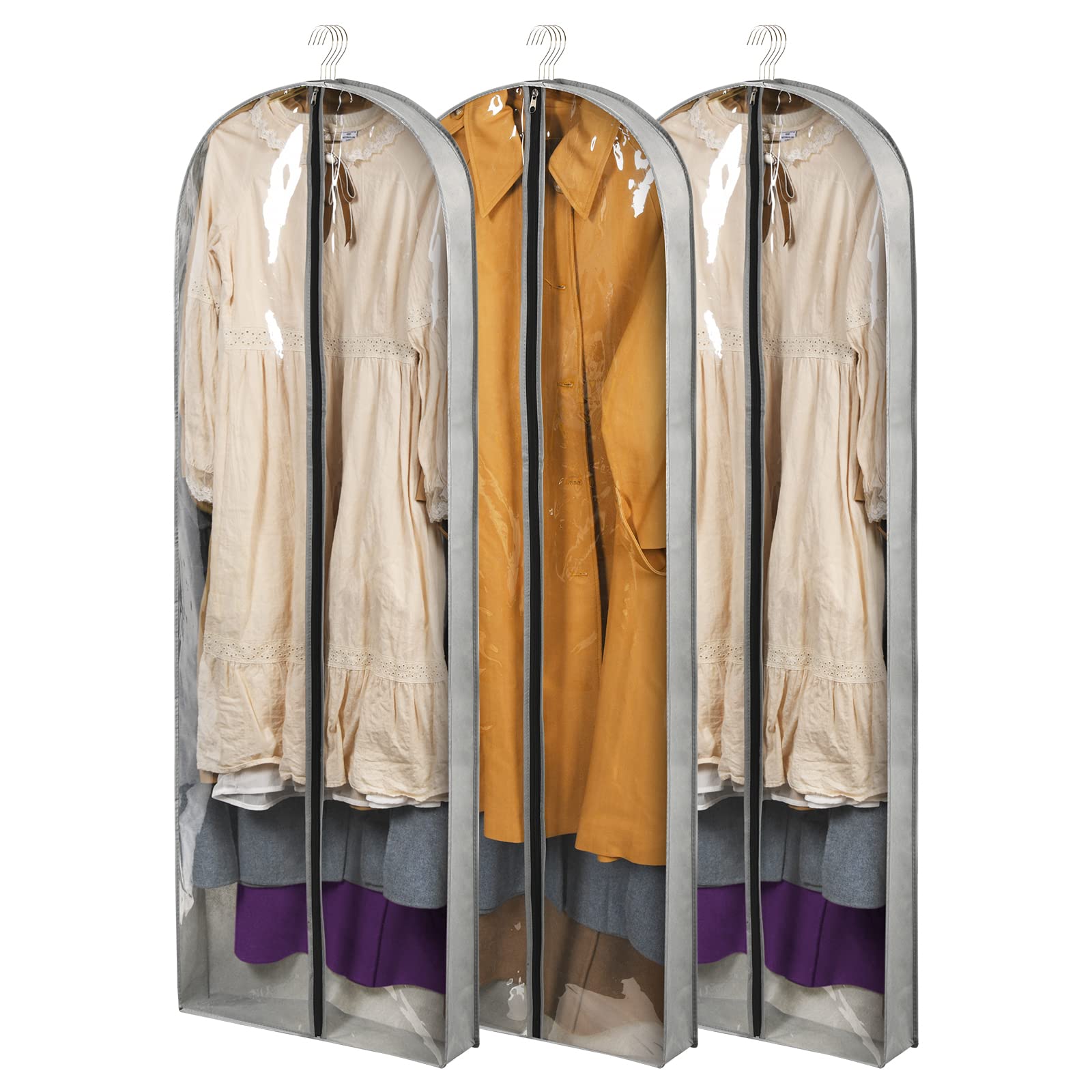 Belinlen 3 Pack 60'' Long Garment Bags For Hanging Clothes Storage, Clear Moth Proof Suits Covers With 4'' Gussets For Closet St