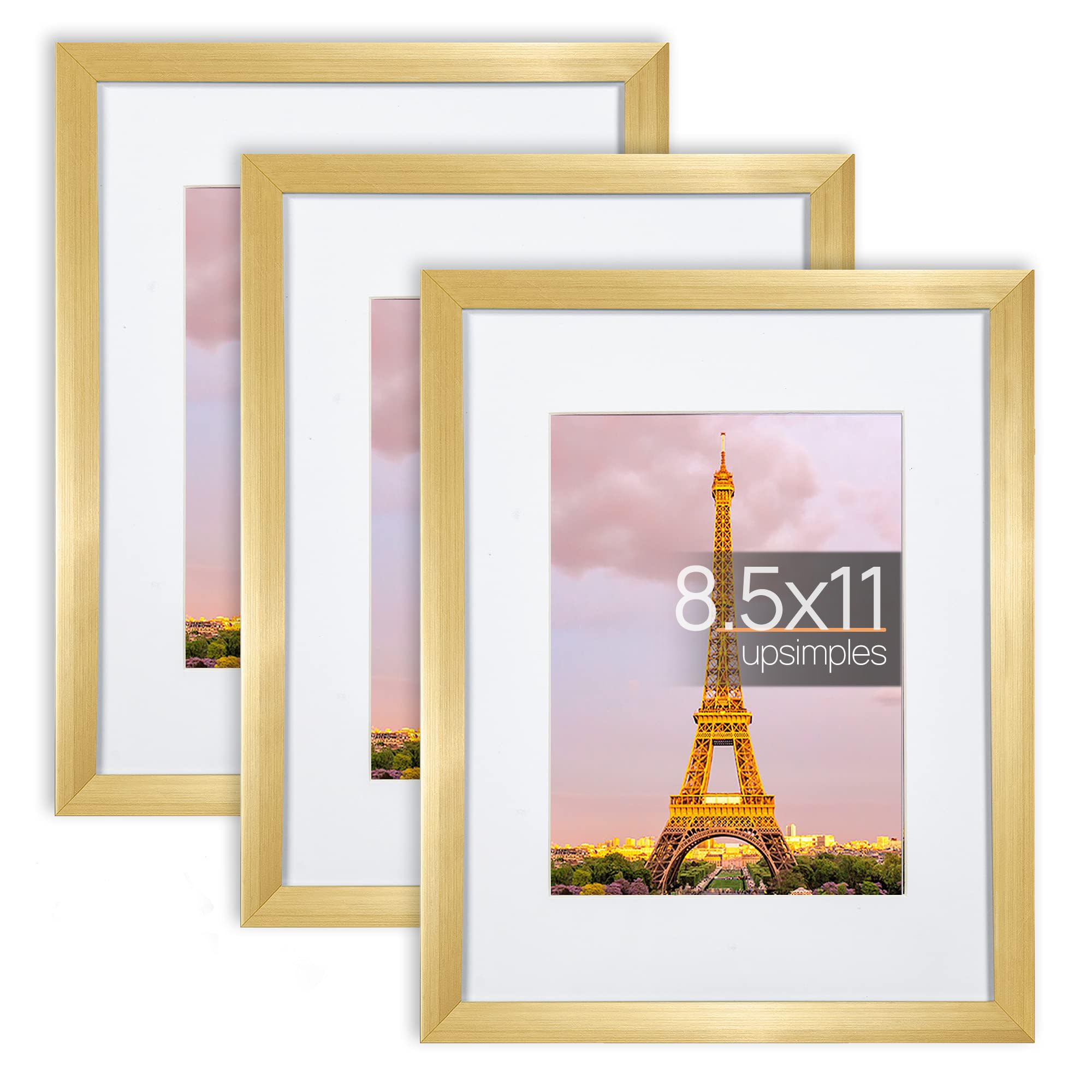 upsimples 8.5x11 Picture Frame Set of 3, Made of High Definition Glass for 6x8 with Mat or 8.5x11 Without Mat, Wall Mounting Pho
