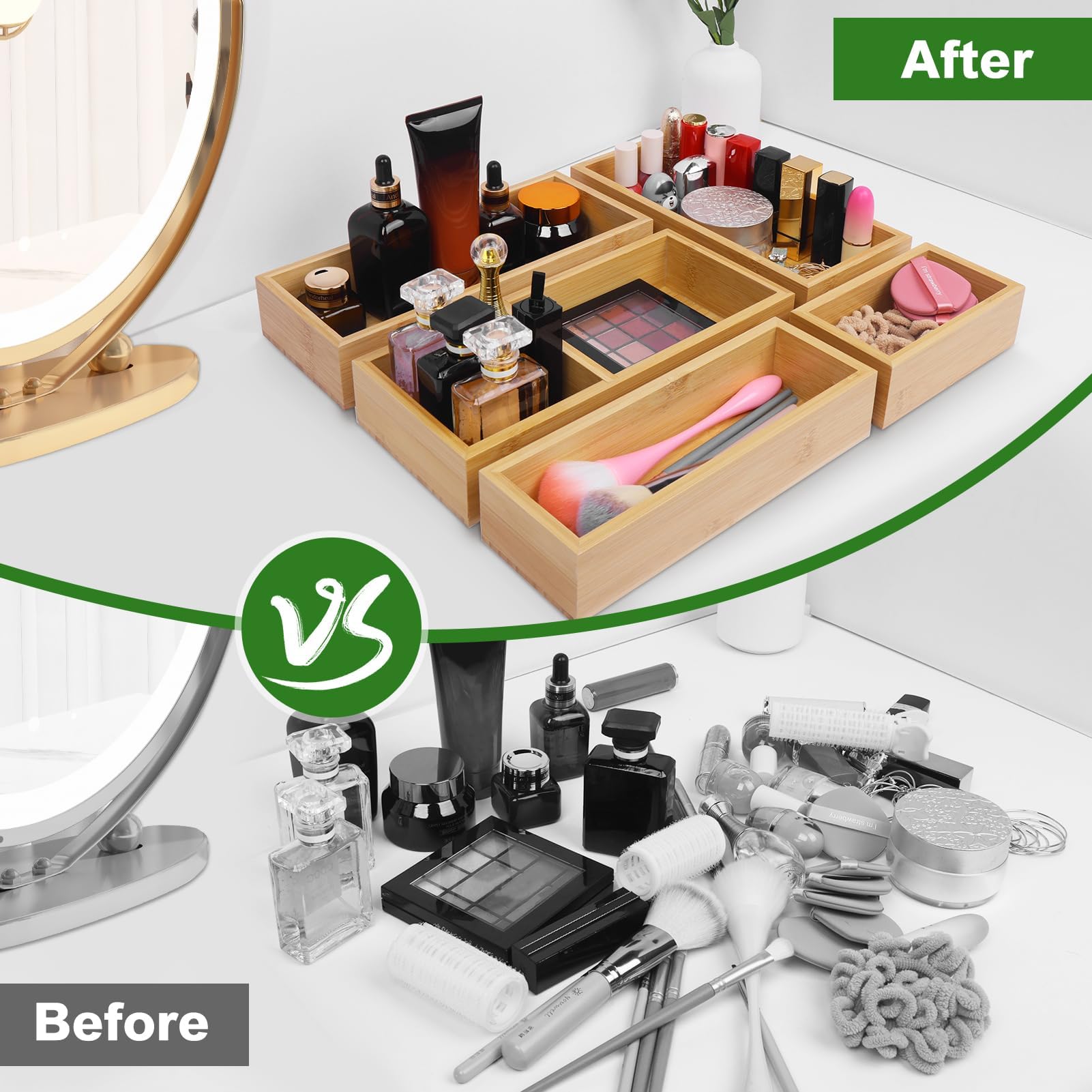 Bamboo Drawer Organizer Set, 5 PCS Multi-Use Individual Wood Storage Organizers, Junk Drawer Divider and Storage Trays Container