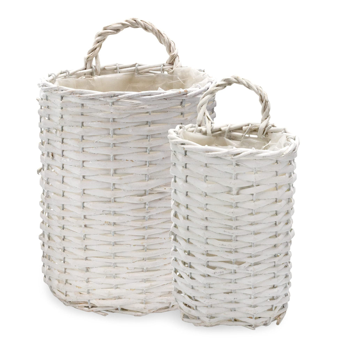 Auldhome Wall Hanging Baskets (White, Set Of 2); Woven Wicker Rustic Farmhouse White Washed Door Baskets, Small And Medium Size
