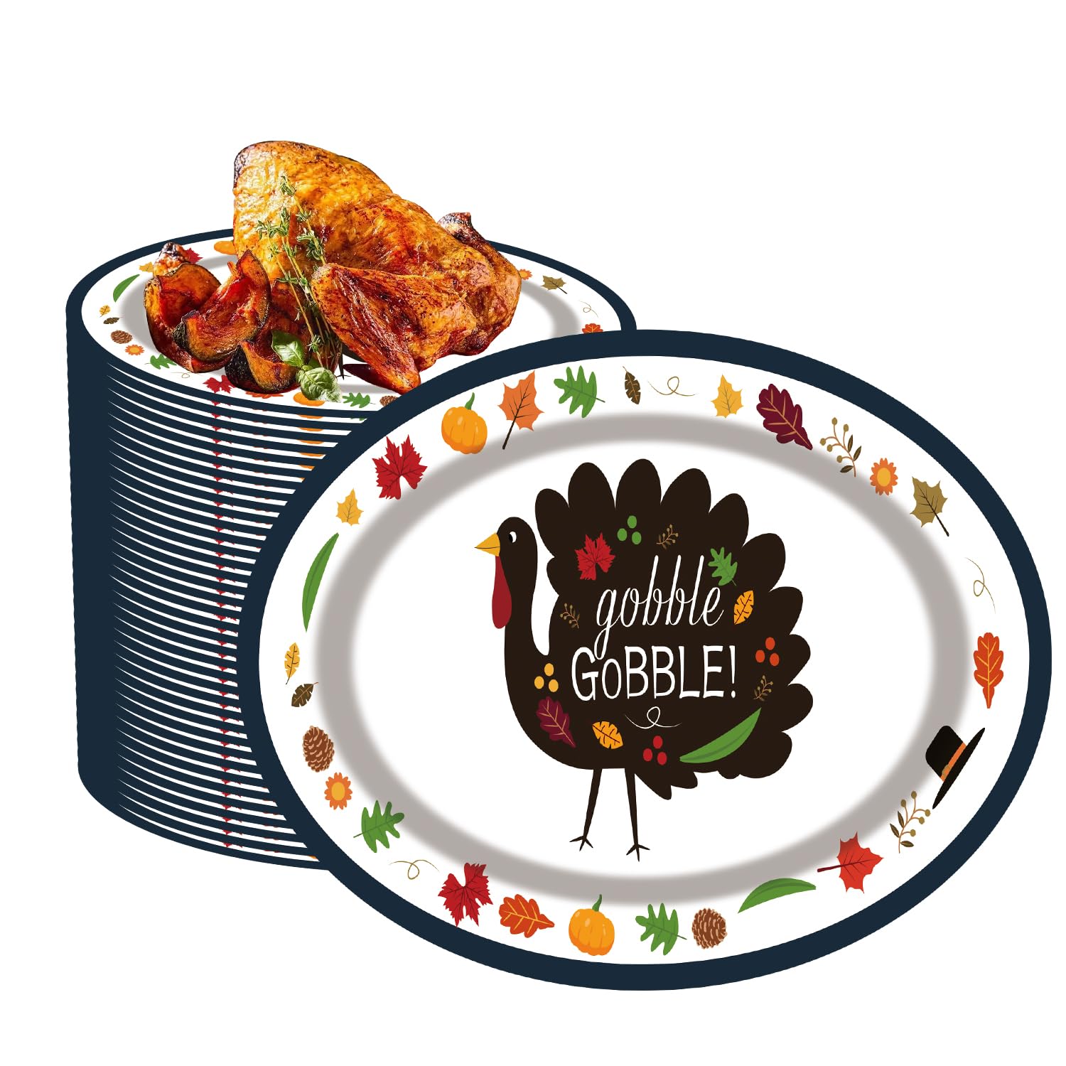 PAMMYAN 50 Pack Oval Thanksgiving Turkey Paper Plates, A turkey with Gobble gobble!, 13inch  10.6inch Thanksgiving Disposable Di