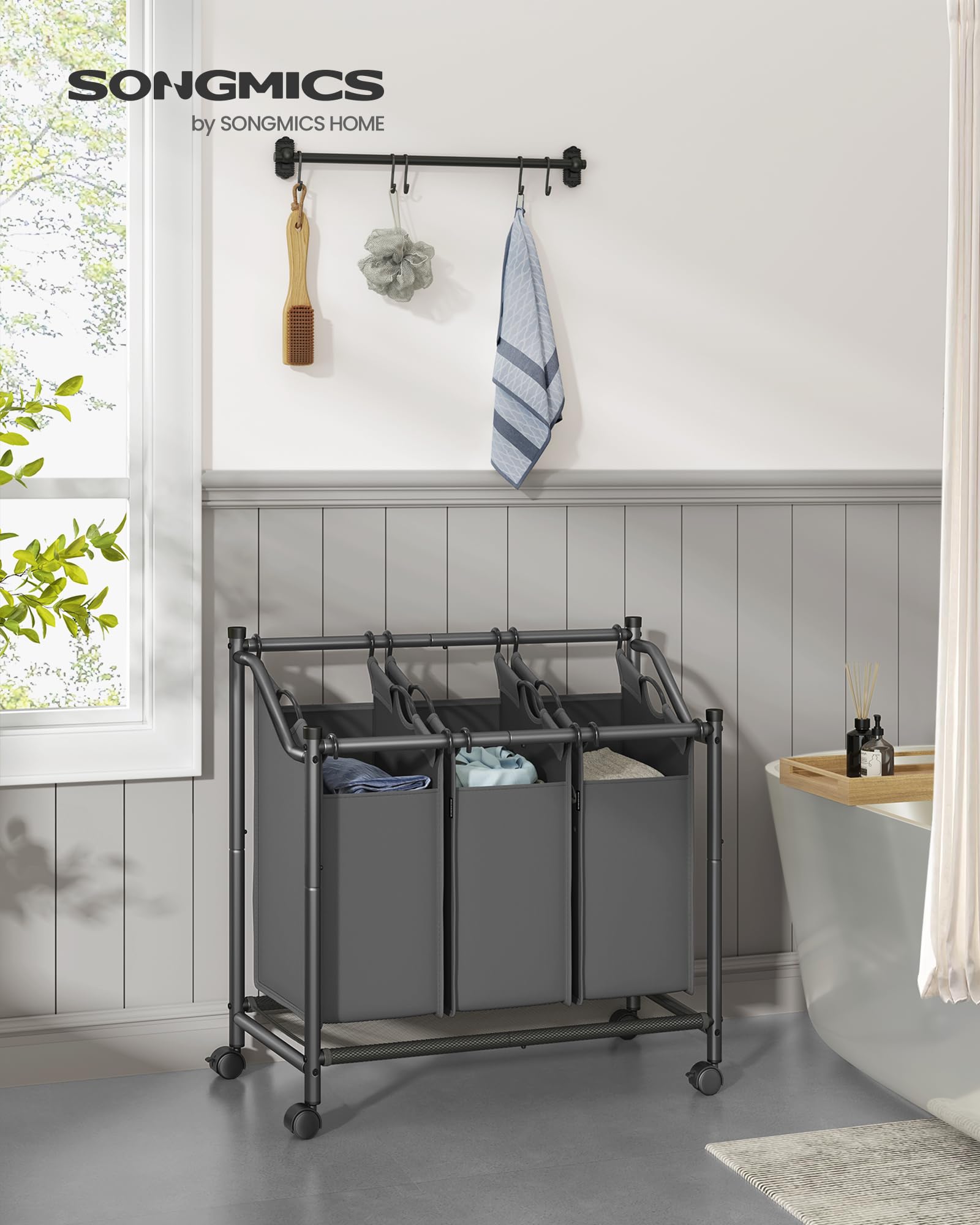 Songmics Laundry Sorter, Rolling Laundry Basket With 3 Removable Bags, Laundry Hamper, Laundry Cart, For Laundry Room, Bedroom,