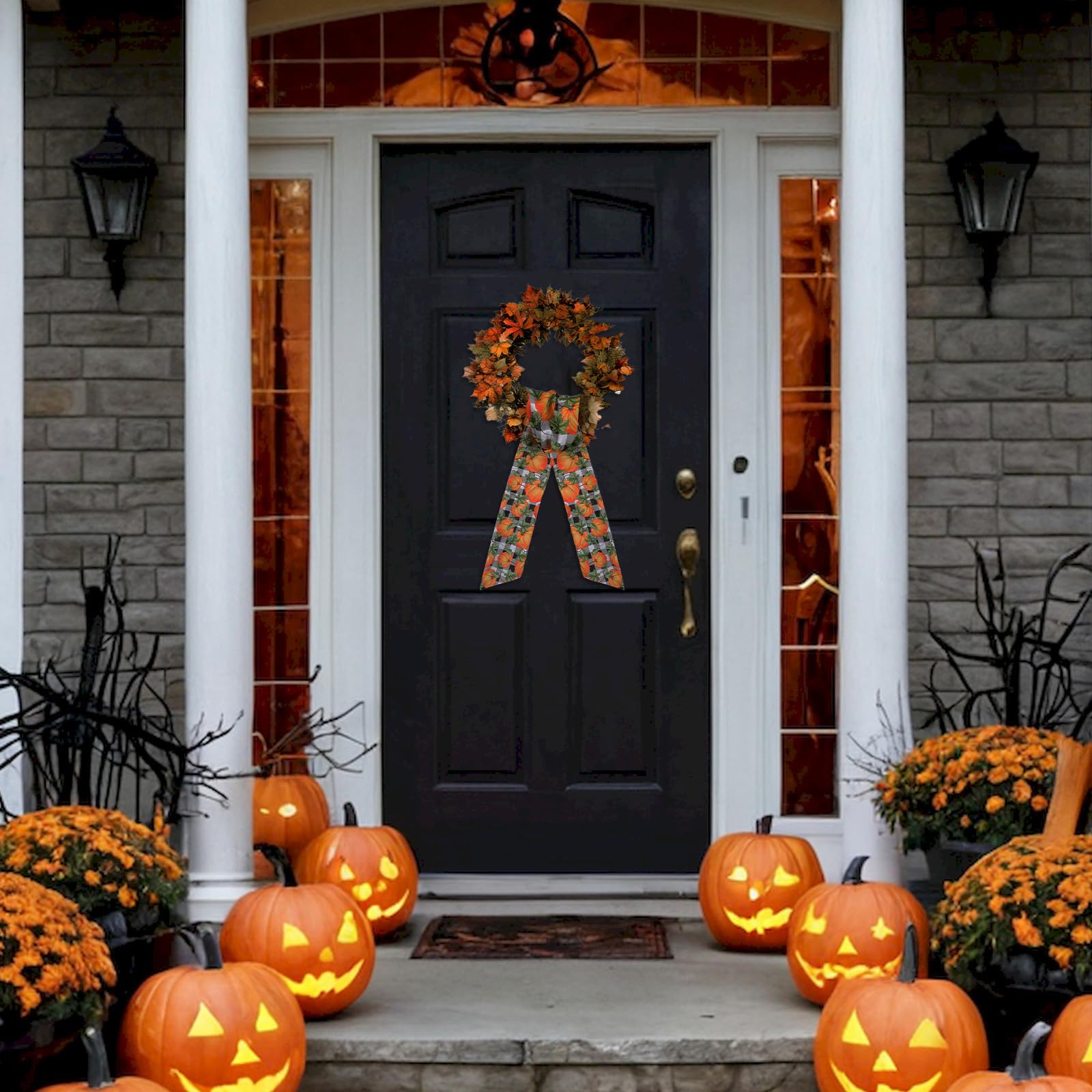 Pumpkin Wreath Sash for Front Door - 2 Pcs Orange Fall Sashes for Wreaths Autumn Home Decor, 60 Inch Black White Plaid Wreath Sa