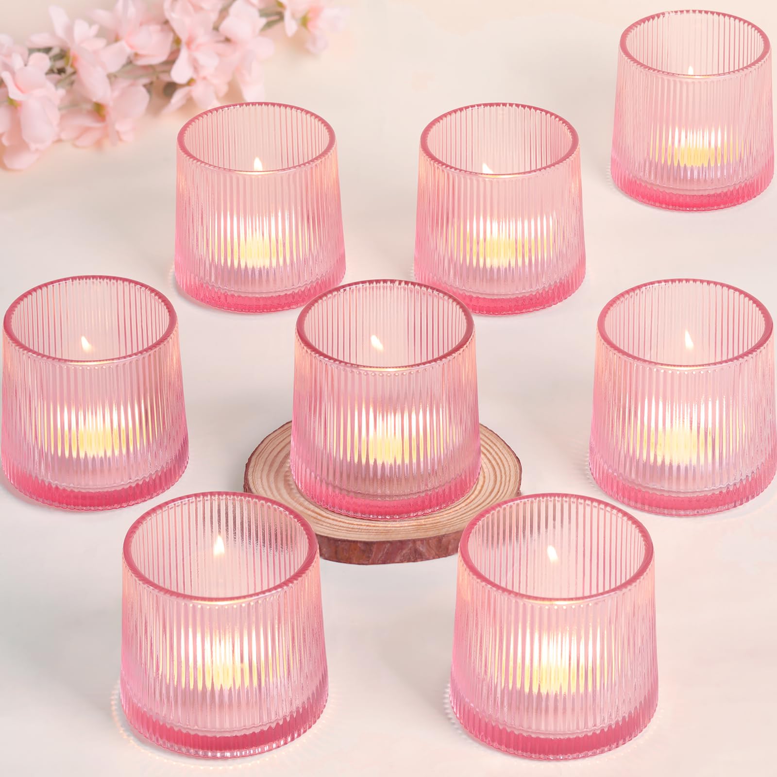 Pink Ribbed Tealight Votive Candle Holders Set of 10- Votive Candle Holders for Table Centerpiece, Tea Light Candle Holder Glass