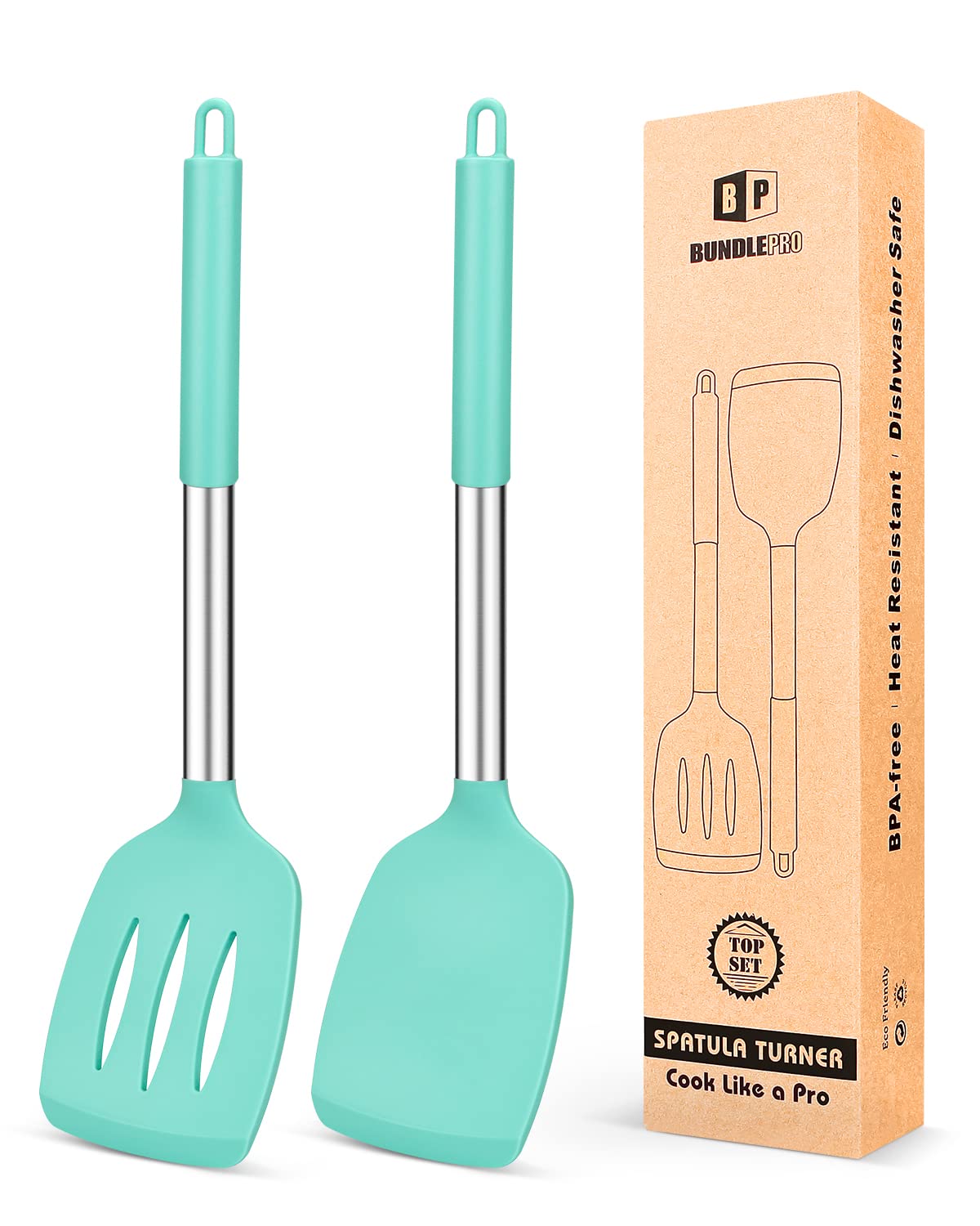 Pack Of 2 Silicone Solid Turner,Non Stick Slotted Kitchen Spatulas,High Heat Resistant Bpa Free Cooking Utensils,Ideal Cookware