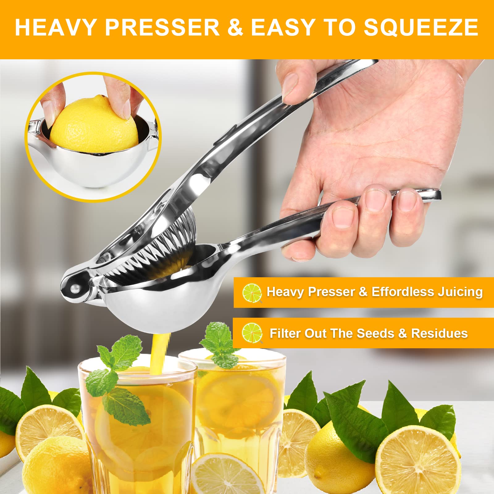 Tezz Premium Lemon Squeezer, Large Heavy Duty Handhelp Juicer For Lemon, Stainless Steel Hand Press Citrus Juicer, Lime Squeezer
