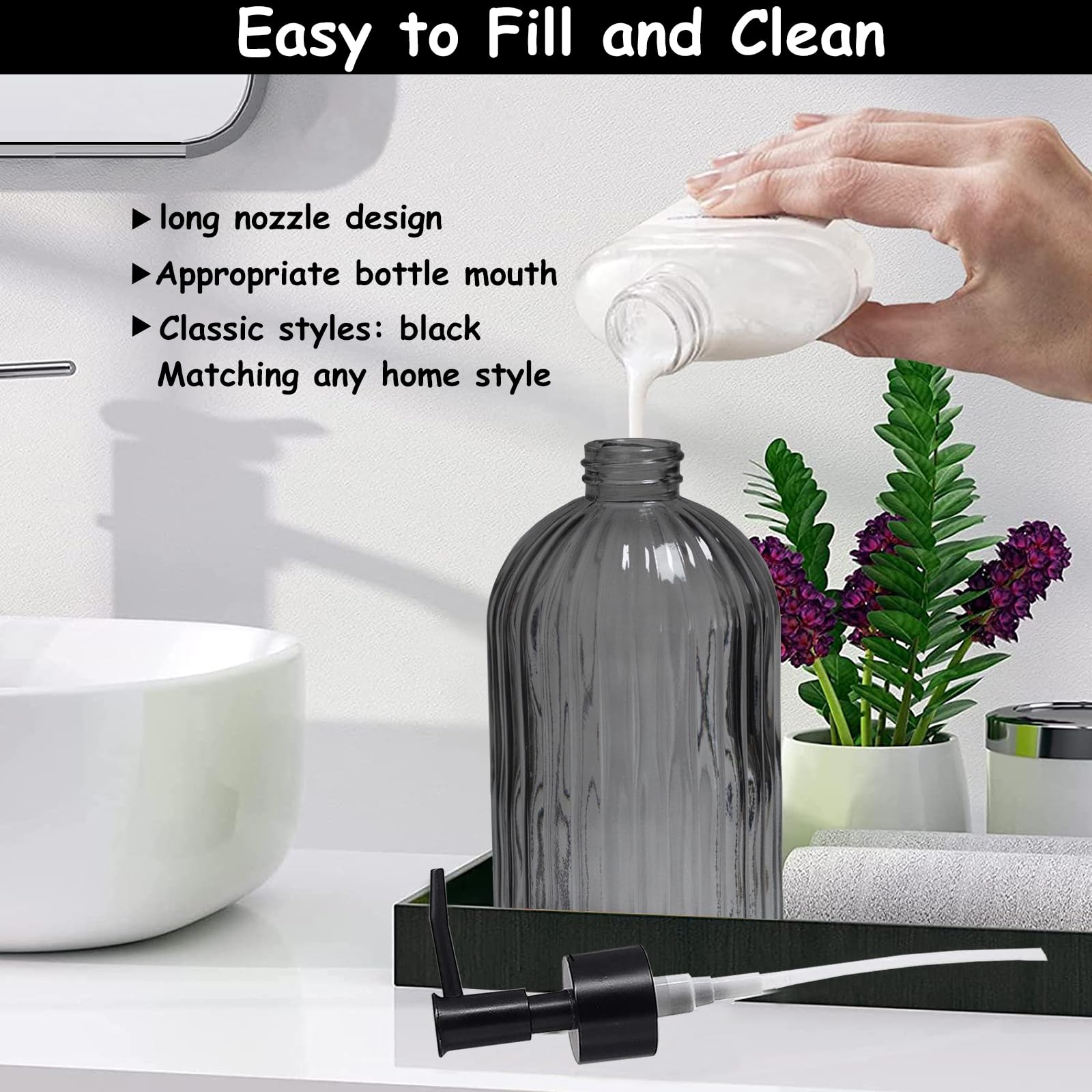 Gray Glass Soap Dispenser Set With Black Pump, 13.5Oz Refillable Liquid Hand Soap Dispenser, Lotion Dish Soap Dispenser For Mode