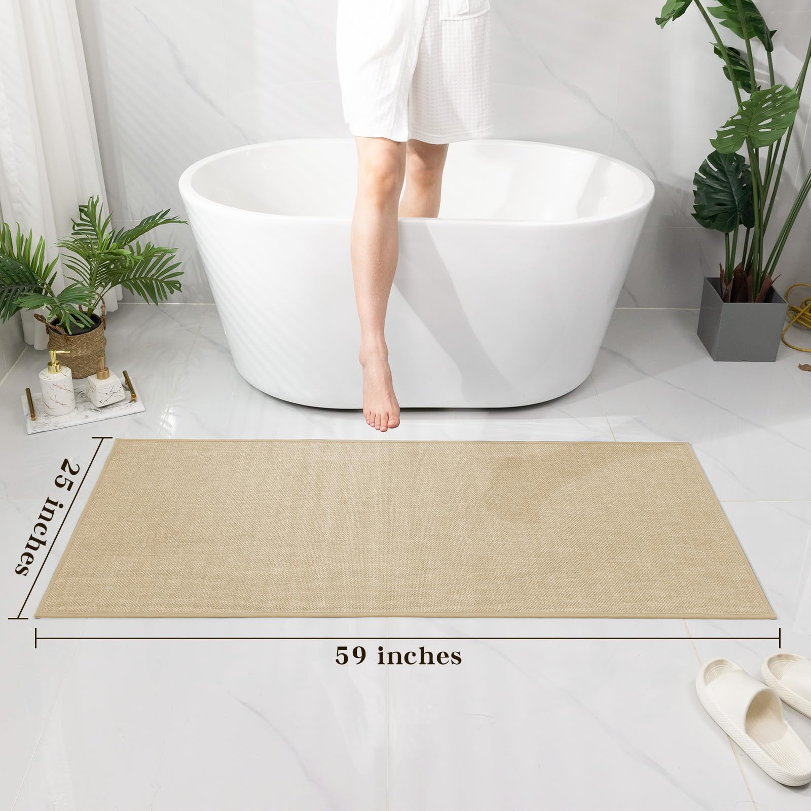 Chakme Bathroom Rugs Mat 59X25, Ultra Thin Non Slip Bath Mat Large Quick Dry Absorbent Bath Mat For Bathroom Floor, (Light Beige