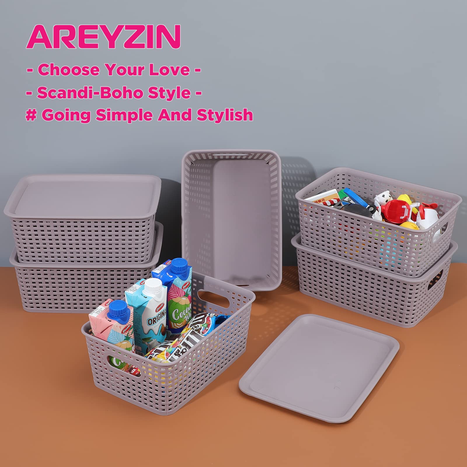 AREYZIN Lidded Storage Bins Plastic Storage Baskets With Lid Organizing Container Knit Storage Organizer Bins for Shelves Drawers Desktop Playroom Classroom Office  6 Pack Purple