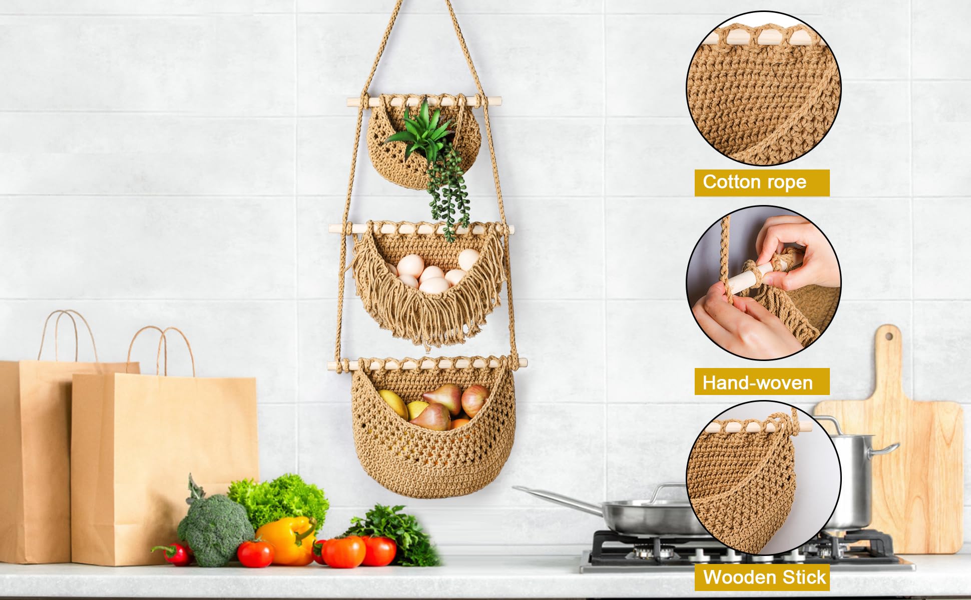 Lawei 3 Tier Hanging Fruit Basket, Wall Hanging Vegetable Fruit Baskets Cotton Woven Storage Baskets For Organizing, Boho Wall B