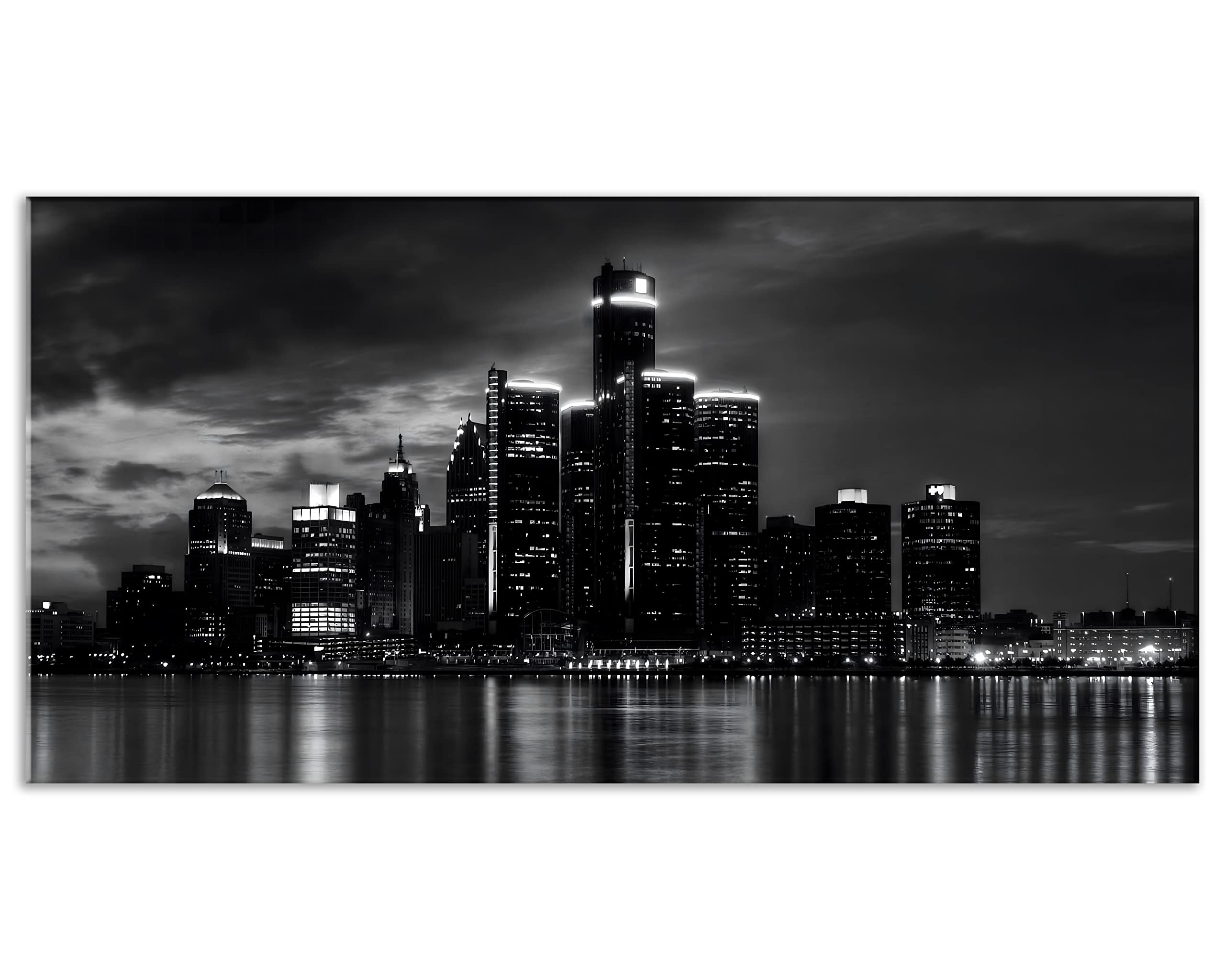 Nan Wind Detroit Skyline Canvas Wall Art Cityscape Night Scene Black & White City Art Print On Canvas Modern Giclee Framed Paint