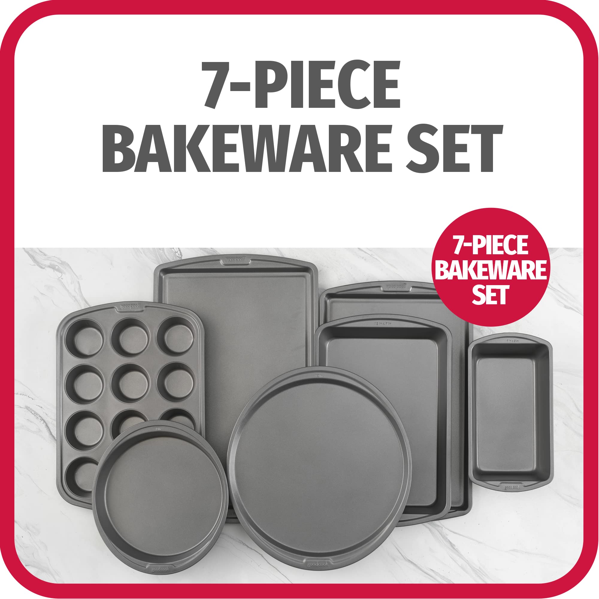 Goodcook Everyday 7-Piece Non-Stick Bakeware Set - 2 Cookie Sheet Pans, Round Cake Pan, Loaf Pan, Pizza Pan, Bake & Roast Pan, 1