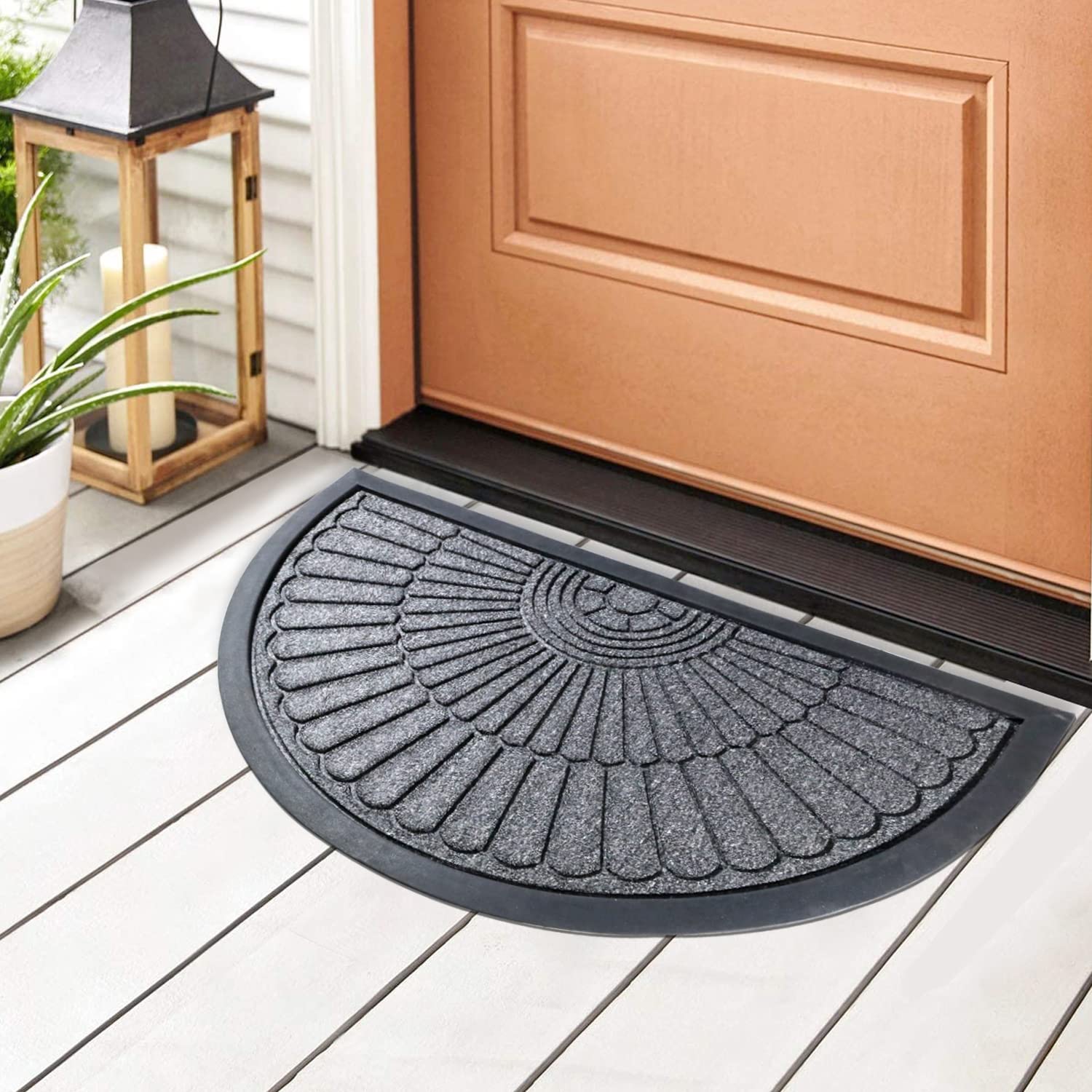 Hokipo 45X75Cm All Purpose Semi-Circle Doormat With Rubber Backing Half Circle Style, Thick Mat For Outdoor And Indoor Use, Grey