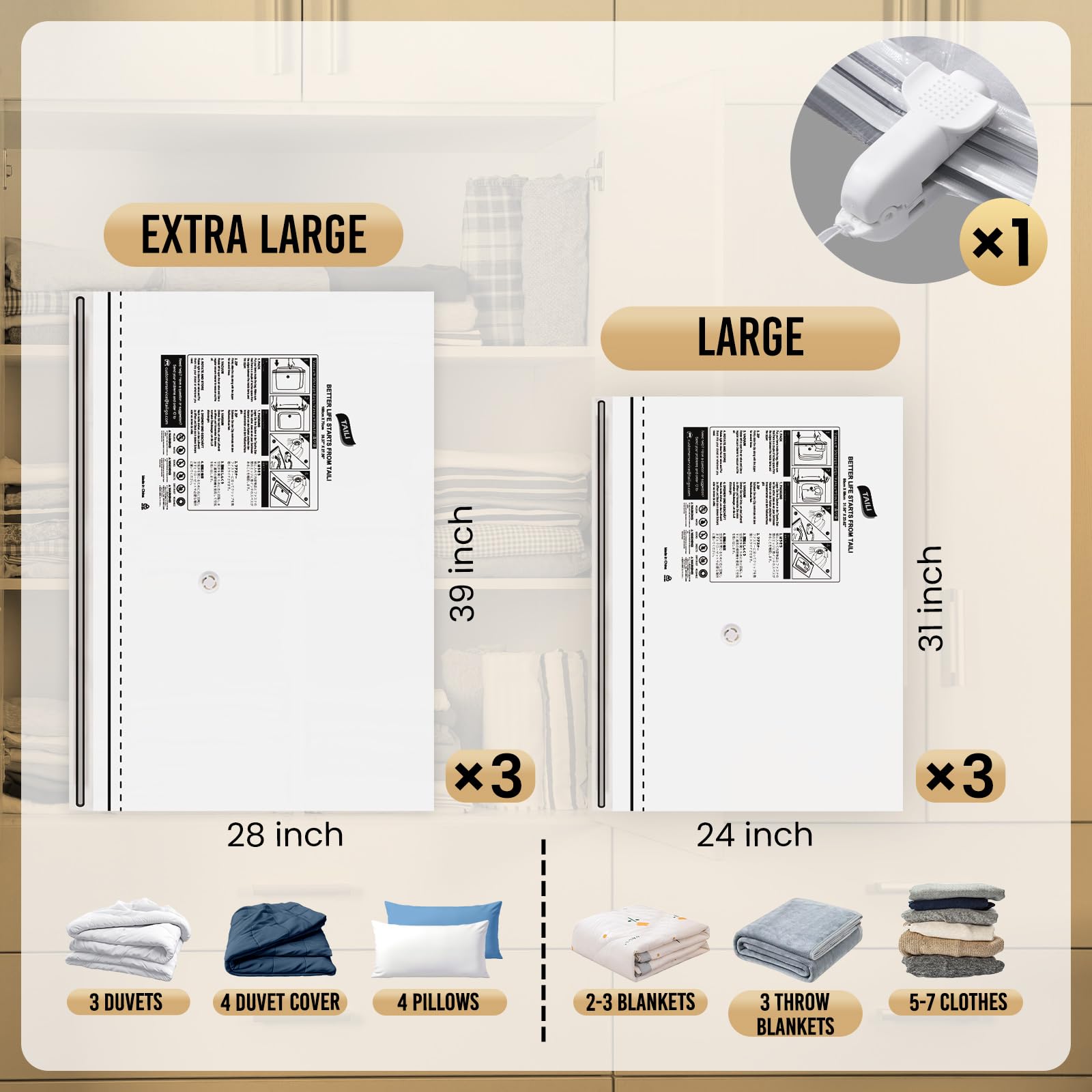 Taili 6 Pack Vacuum Storage Bags, Space Saver Bags (3 Large+3 Extra Large), Multi-Size Space Bags For Full-Size Comforters, Blan
